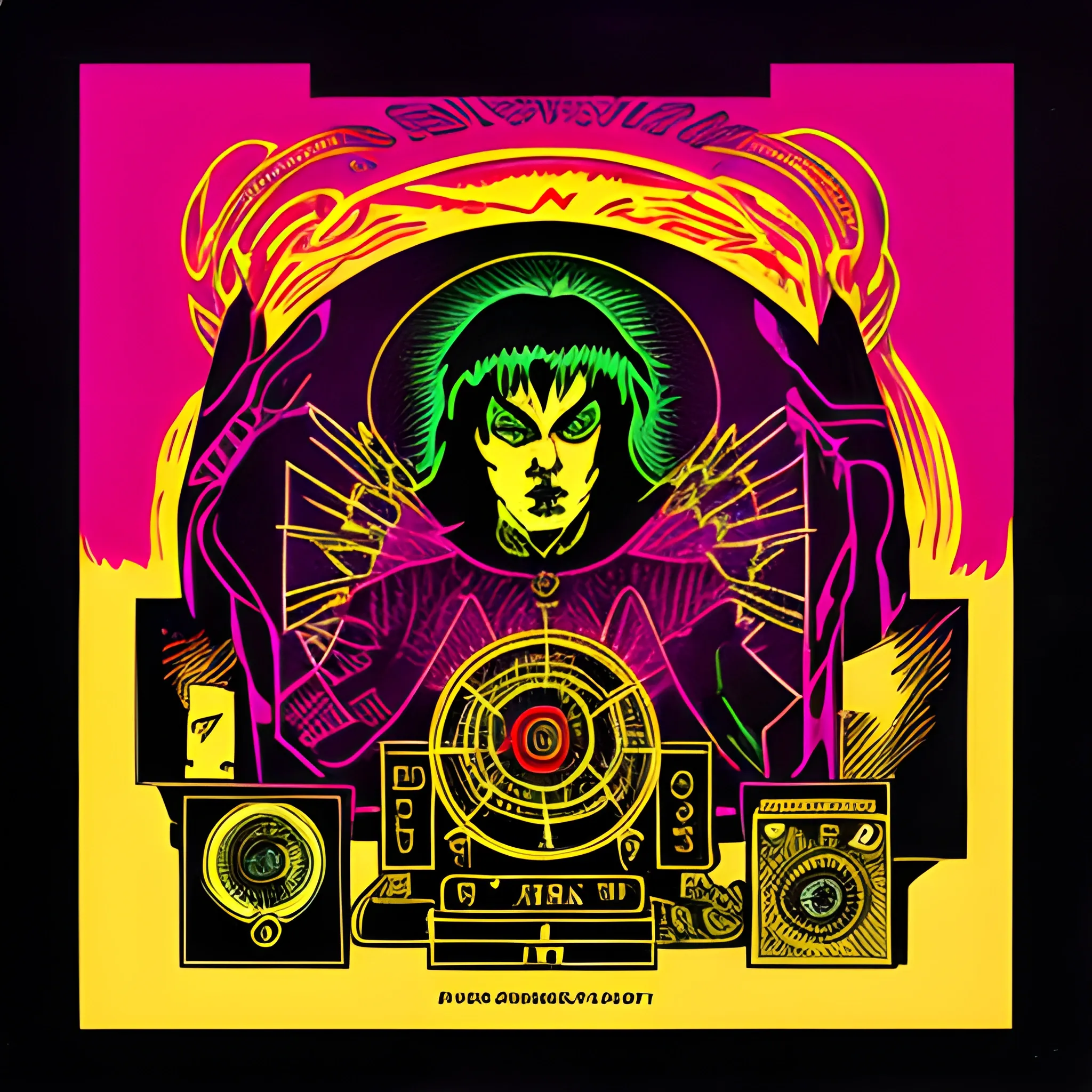 Amp, ring of fire, post punk, riso print, dungeon synth, in the style of kenneth anger