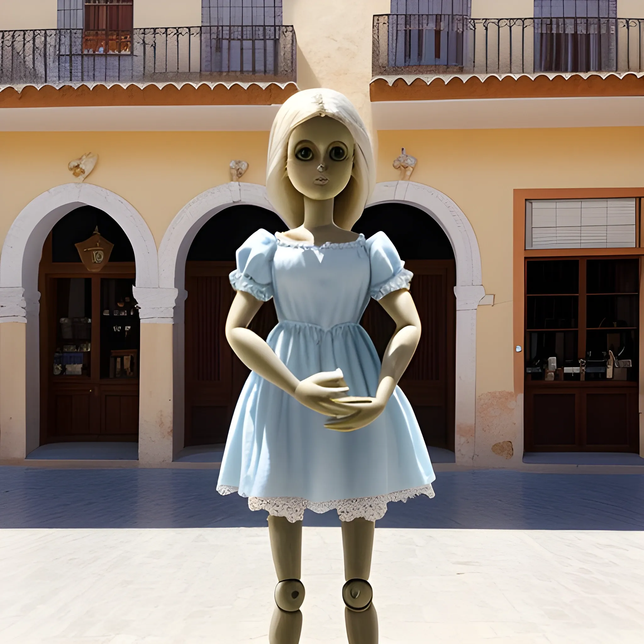 Photo of a harpy with the body of a doll I was born and who is standing in a long light blue dress, on the square of an Andalusian town on a hot day