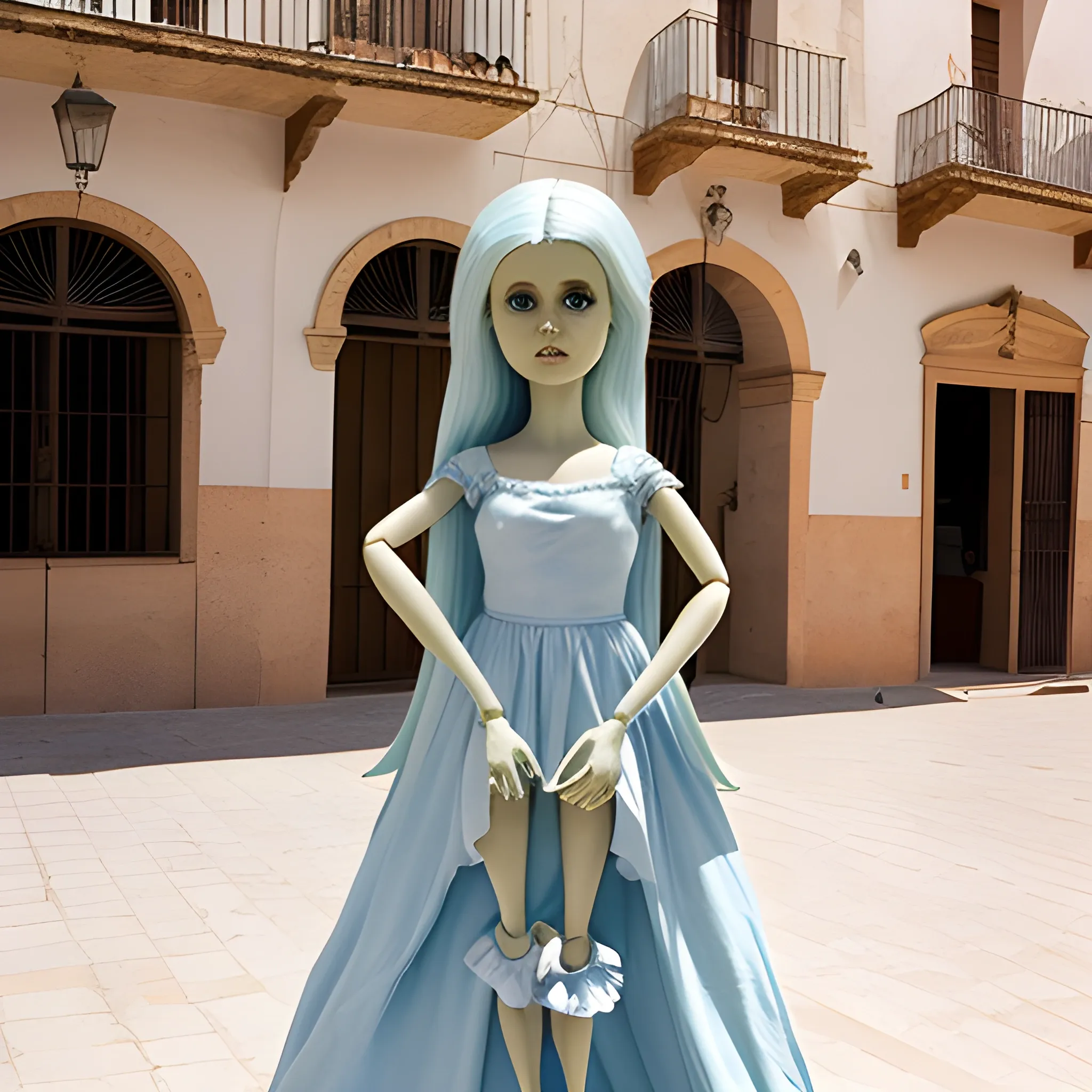 Photo of a harpy with the body of a doll I was born and who is standing in a long light blue dress, on the square of an Andalusian town on a hot day