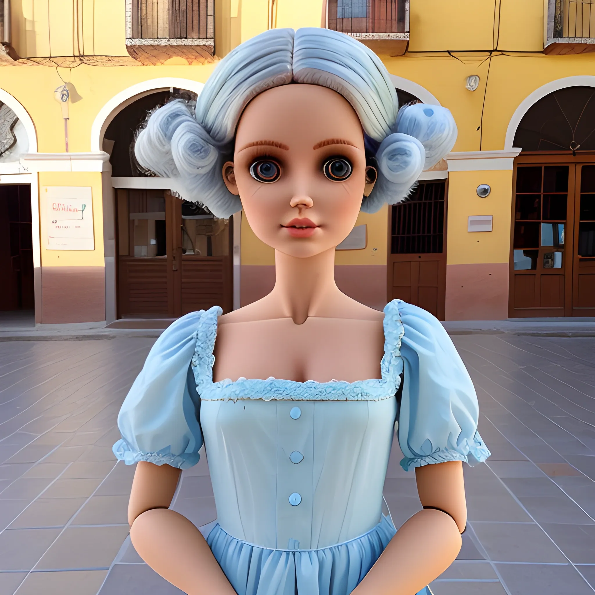 Photo of a harpy  brow hair 
with the body of a doll I was born and who is standing in a long light blue dress, on the square of an Andalusian town on a hot day