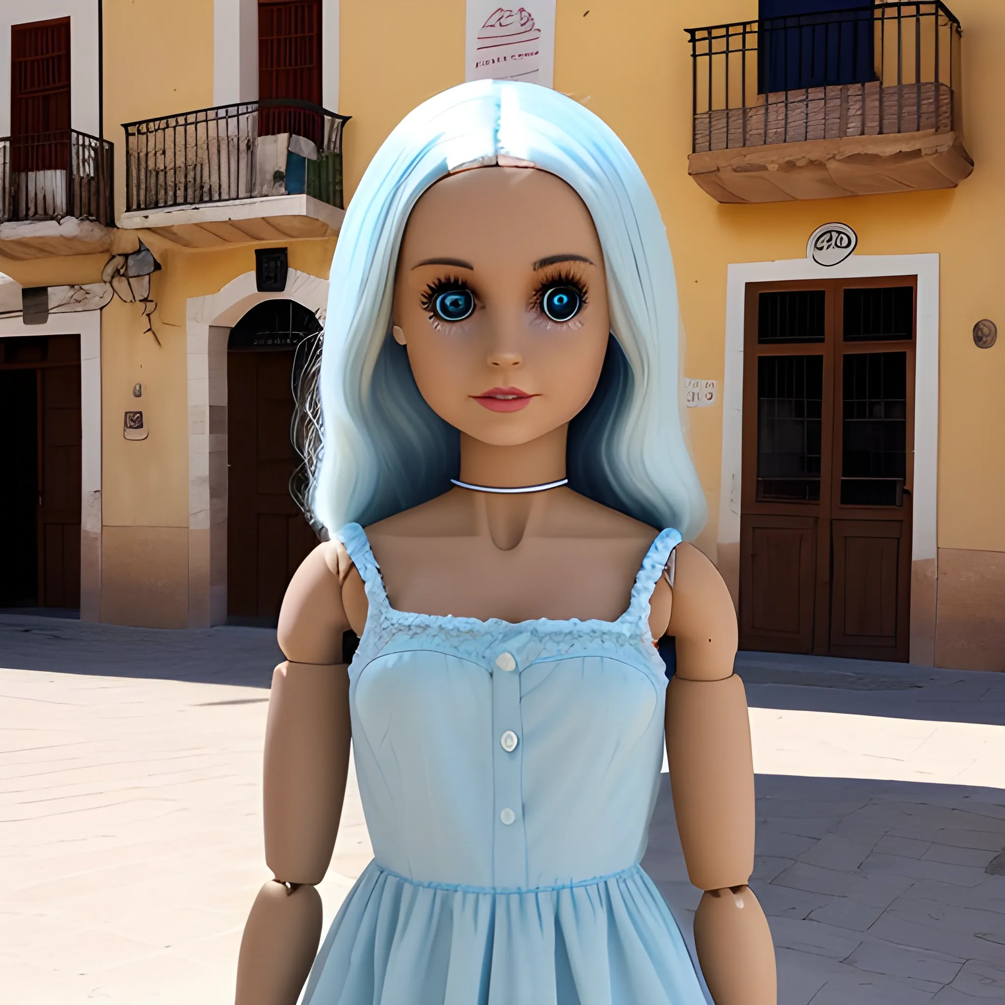 Photo of a harpy  brow hair 
with the body of a doll I was born and who is standing in a long light blue dress, on the square of an Andalusian town on a hot day