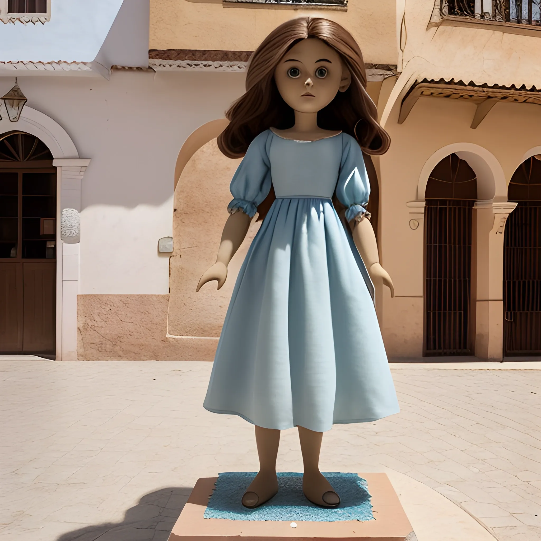 photo of a harpy with the body of a nancy doll with brown hair and who is standing in a long light blue dress, on the square of a town in Andalusia on a hot day