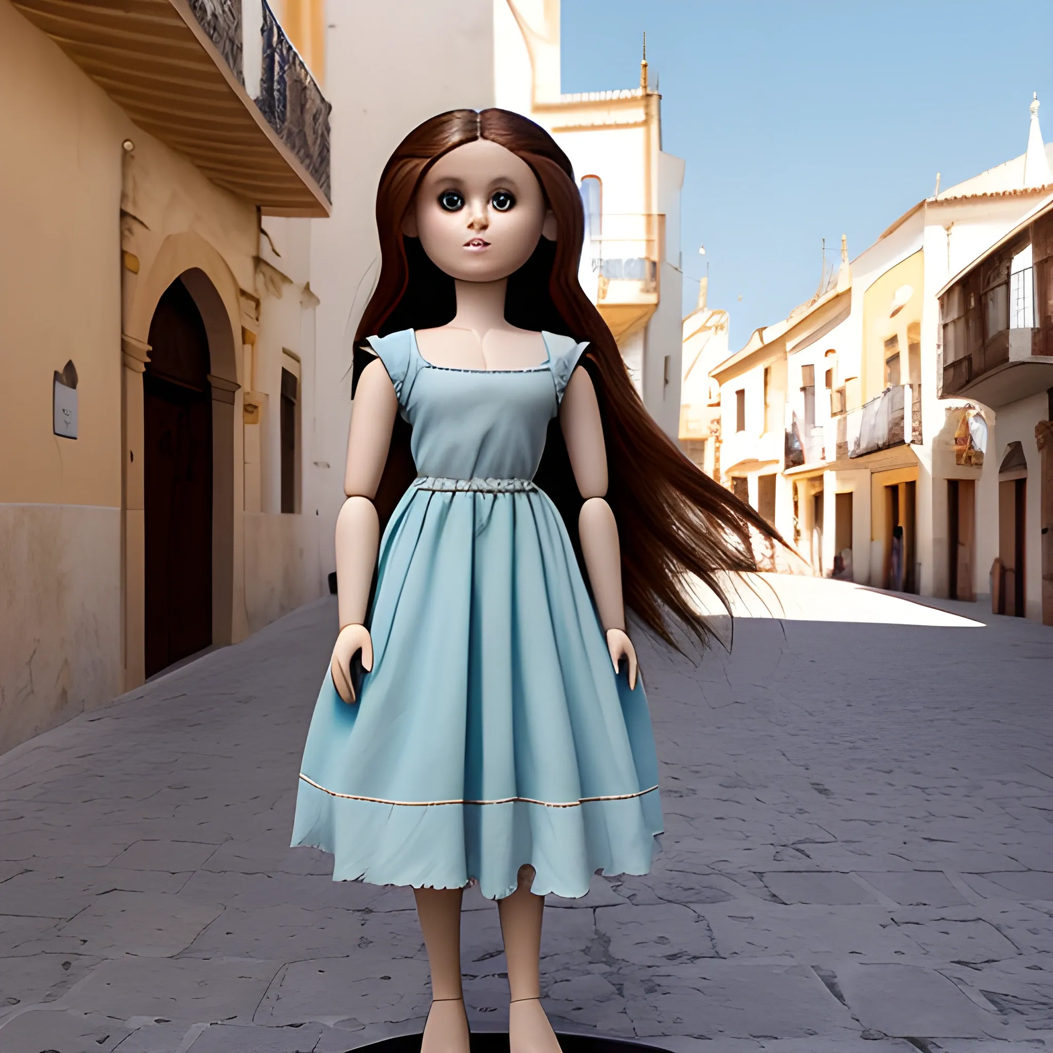 photo of a harpy with the body of a nancy doll with brown hair and who is standing in a long light blue dress, on the square of a town in Andalusia on a hot day