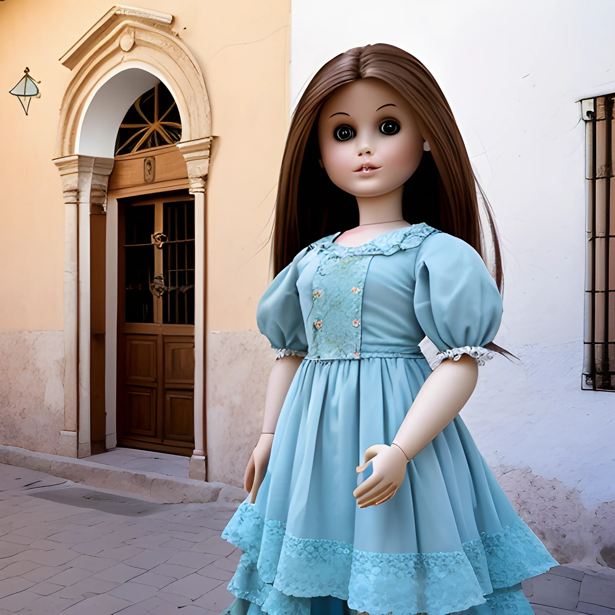 photo of a harpy with the body of a nancy doll with brown hair and who is standing in a long light blue dress, on the square of a town in Andalusia on a hot day