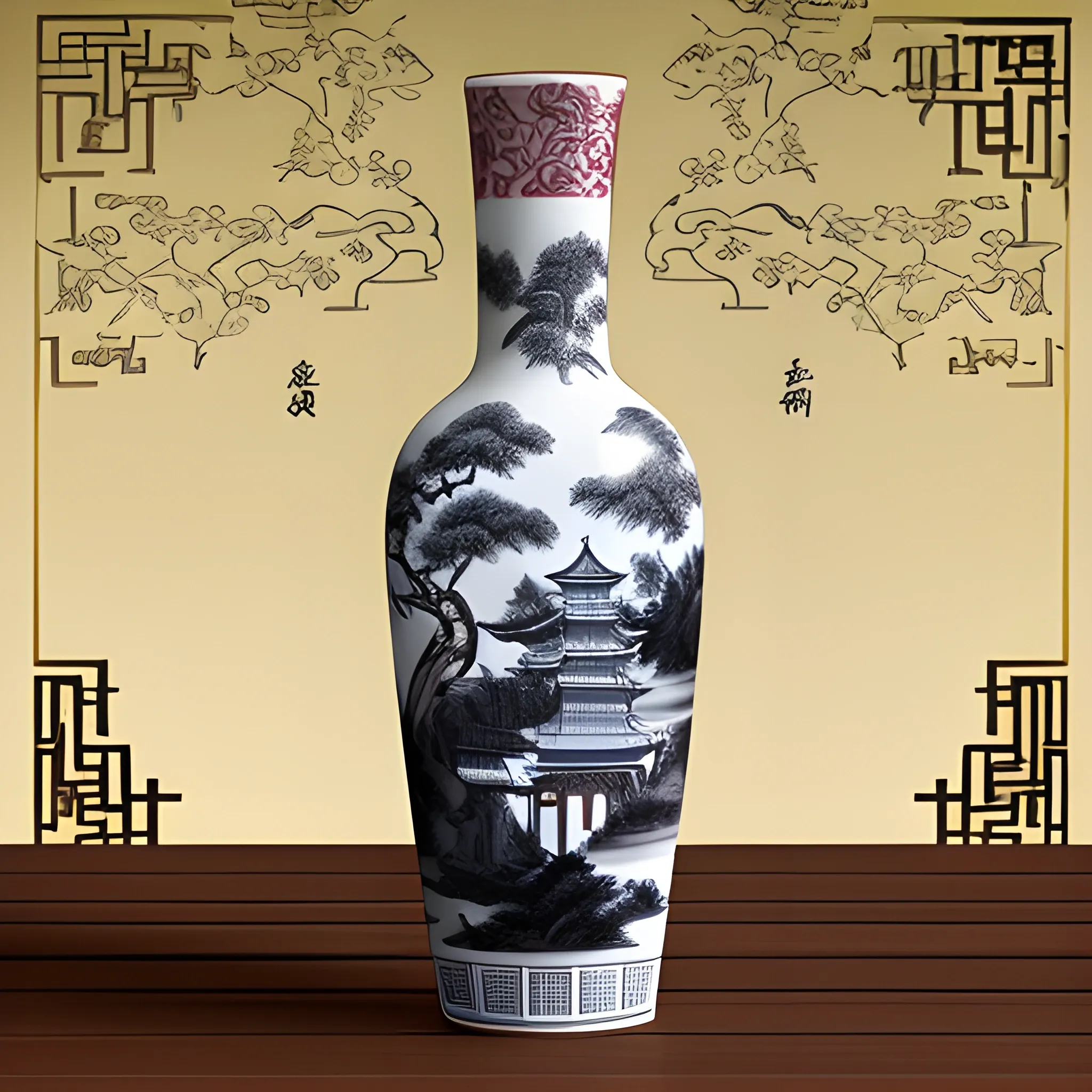 Design a ceramic wine bottle with Chinoiserie style, elegant, antique, cultural atmosphere and ink style landscape design, 3D