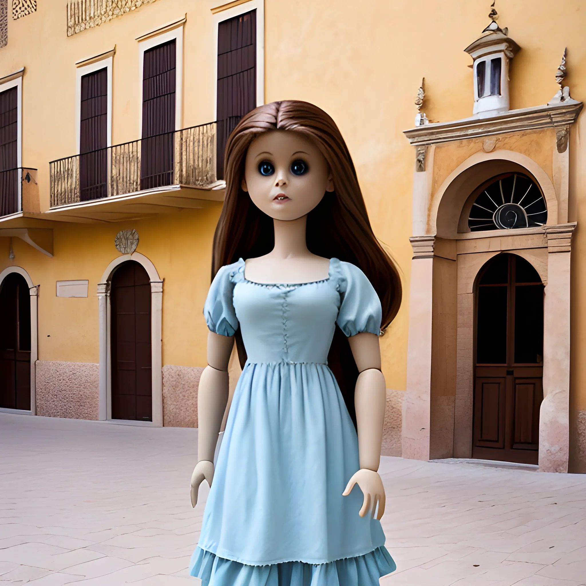 photo of a harpy with the body of a nancy doll with brown hair and who is standing in a long light blue dress, on the square of a town in Andalusia on a hot day