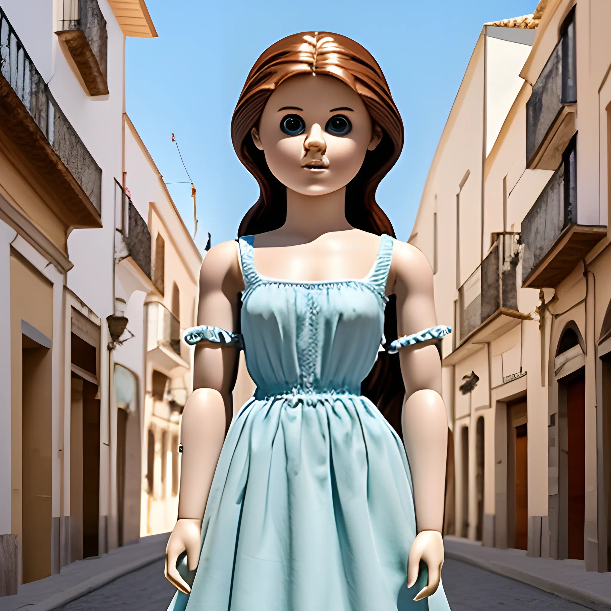 photo of a harpy with the body of a nancy doll with brown hair and who is standing in a long light blue dress, on the square of a town in Andalusia on a hot day and very ugly