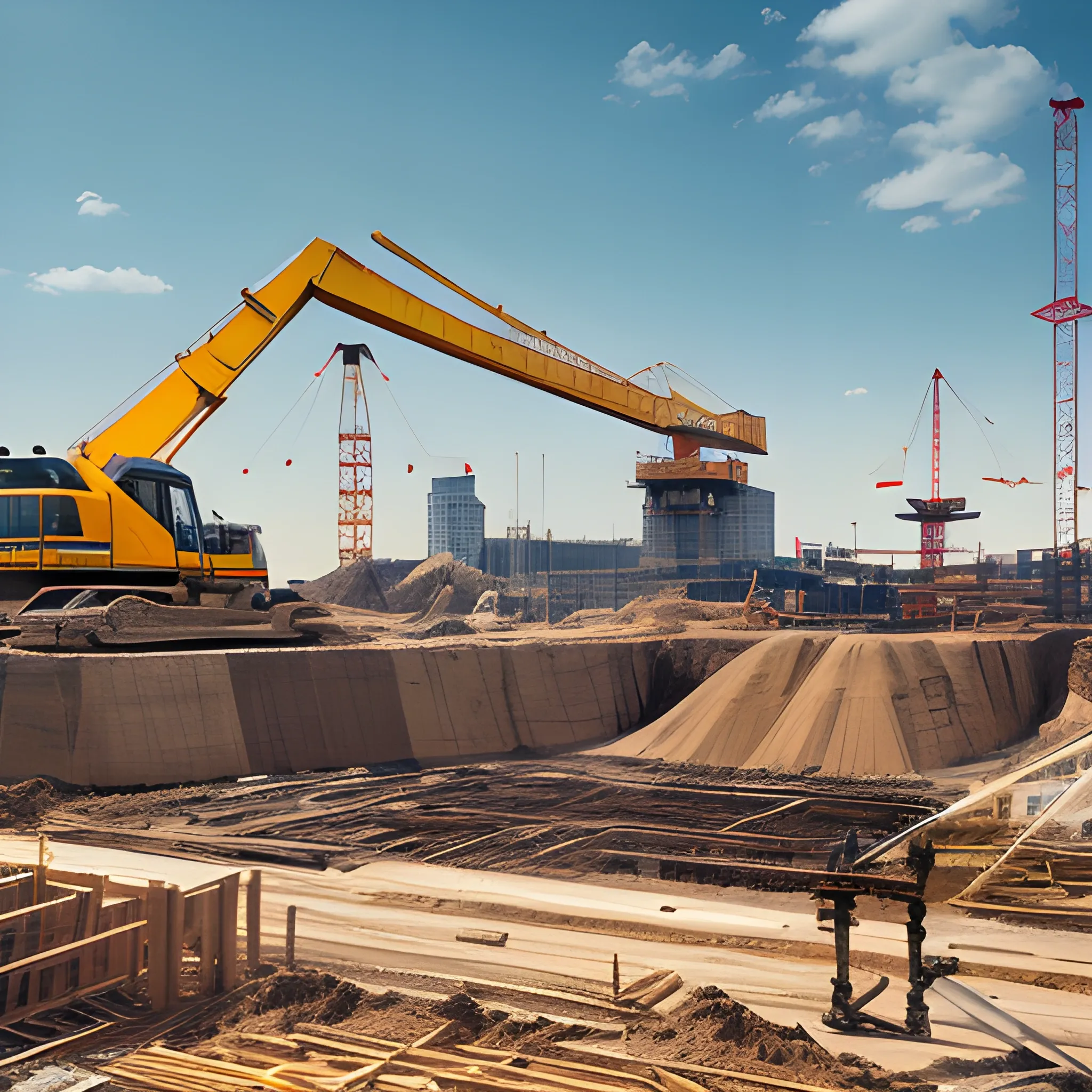 Construction site, a few dozers and crane, view from distance, high quality