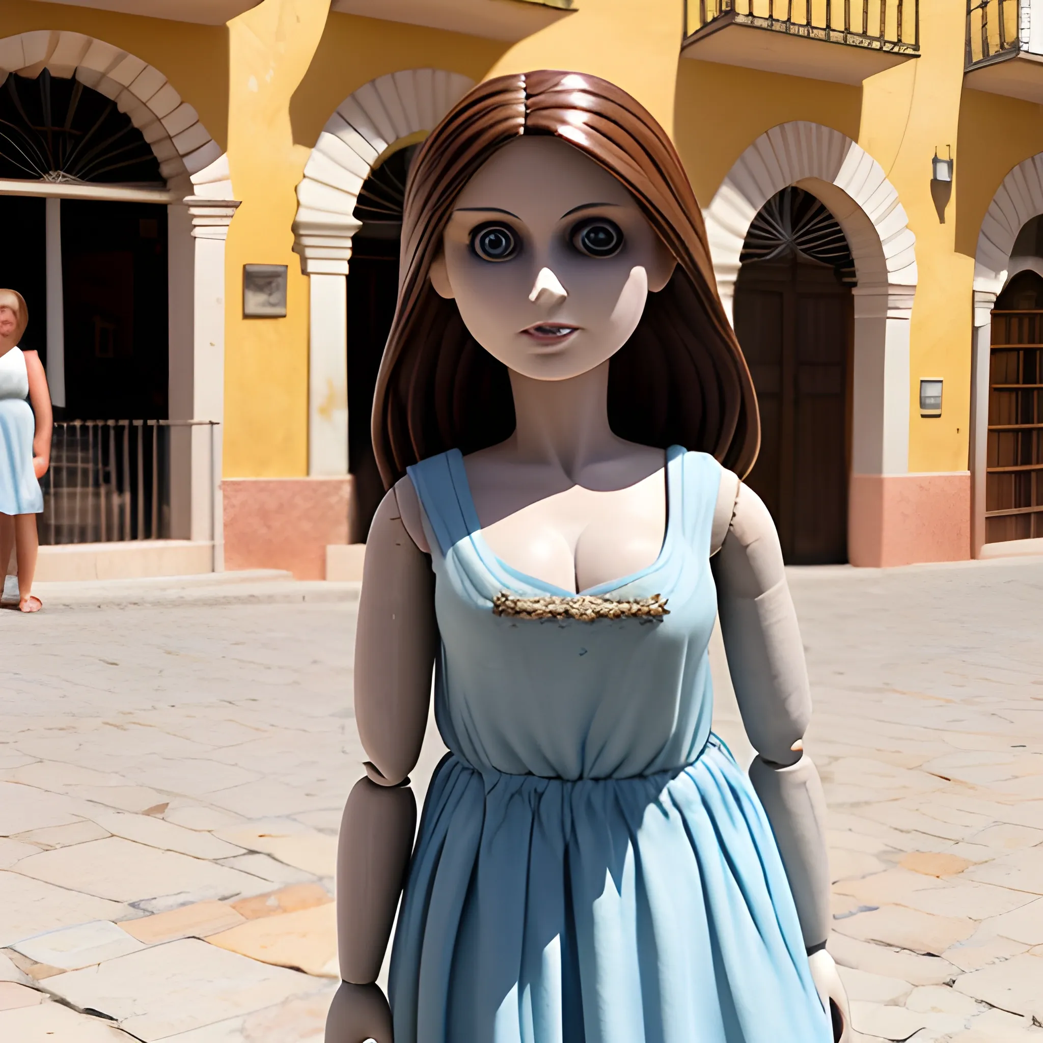 photo of a harpy with the body of a nancy doll with brown hair and who is standing in a long light blue dress, on the square of a town Utrera in Andalusia on a hot day and very ugly