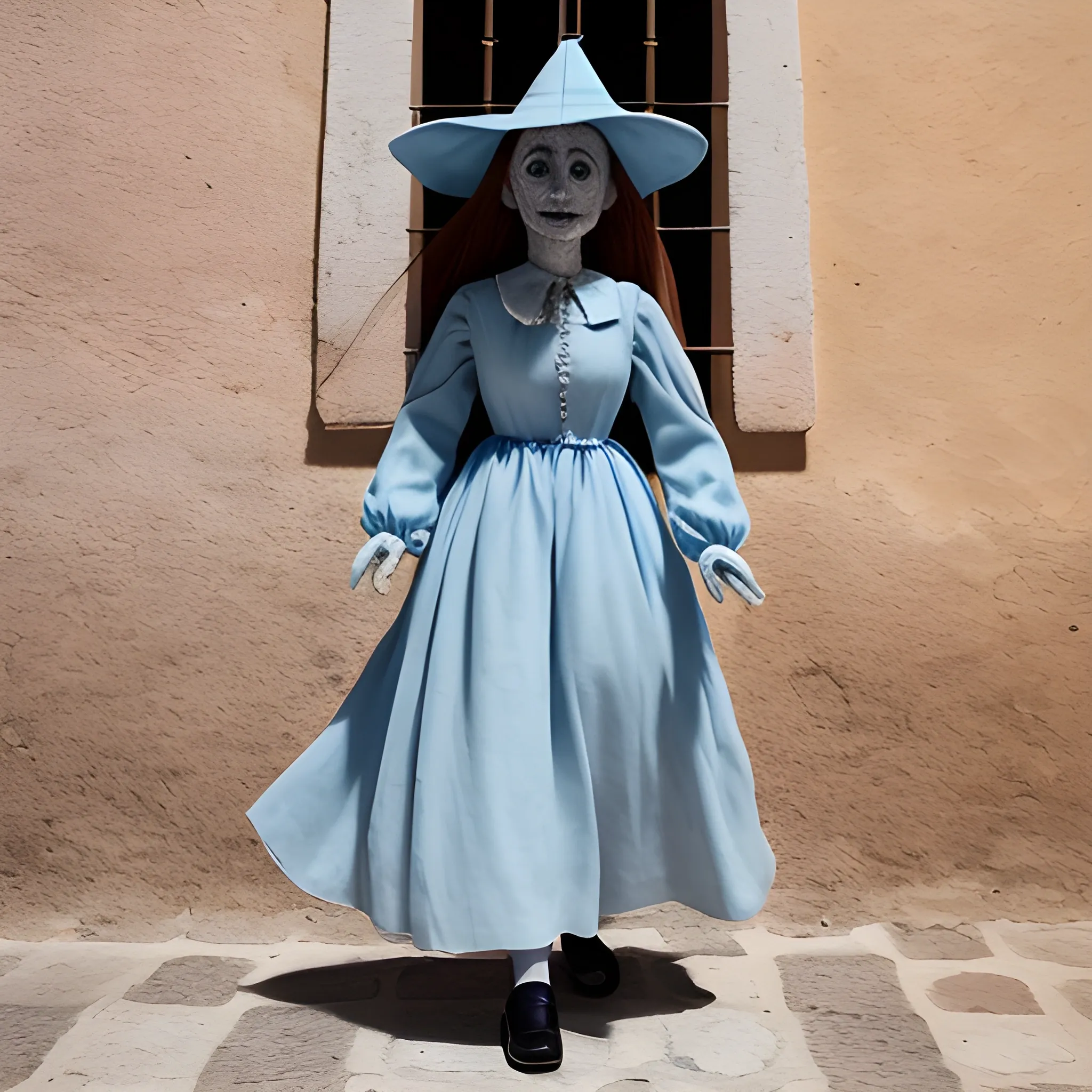 real photo of a witch nancy doll wearing a long light blue dress with long sleeves and who is walking through the Andalusian town of Utrera, she must have an ugly face