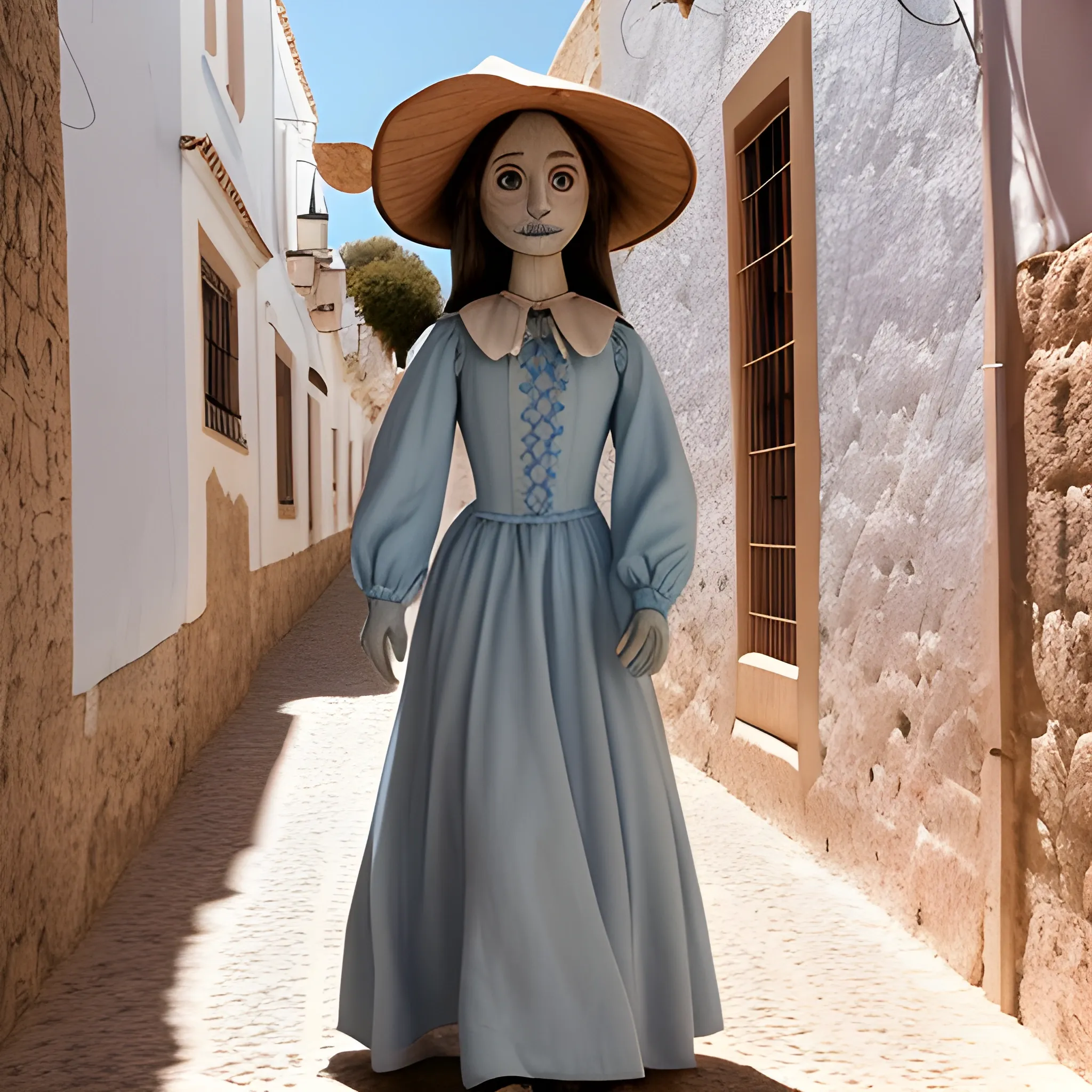 real photo of a nacy witch doll wearing a long light blue dress with long sleeves and who is walking through the Andalusian town of Utrera, she must have an ugly face and not wearing a hat