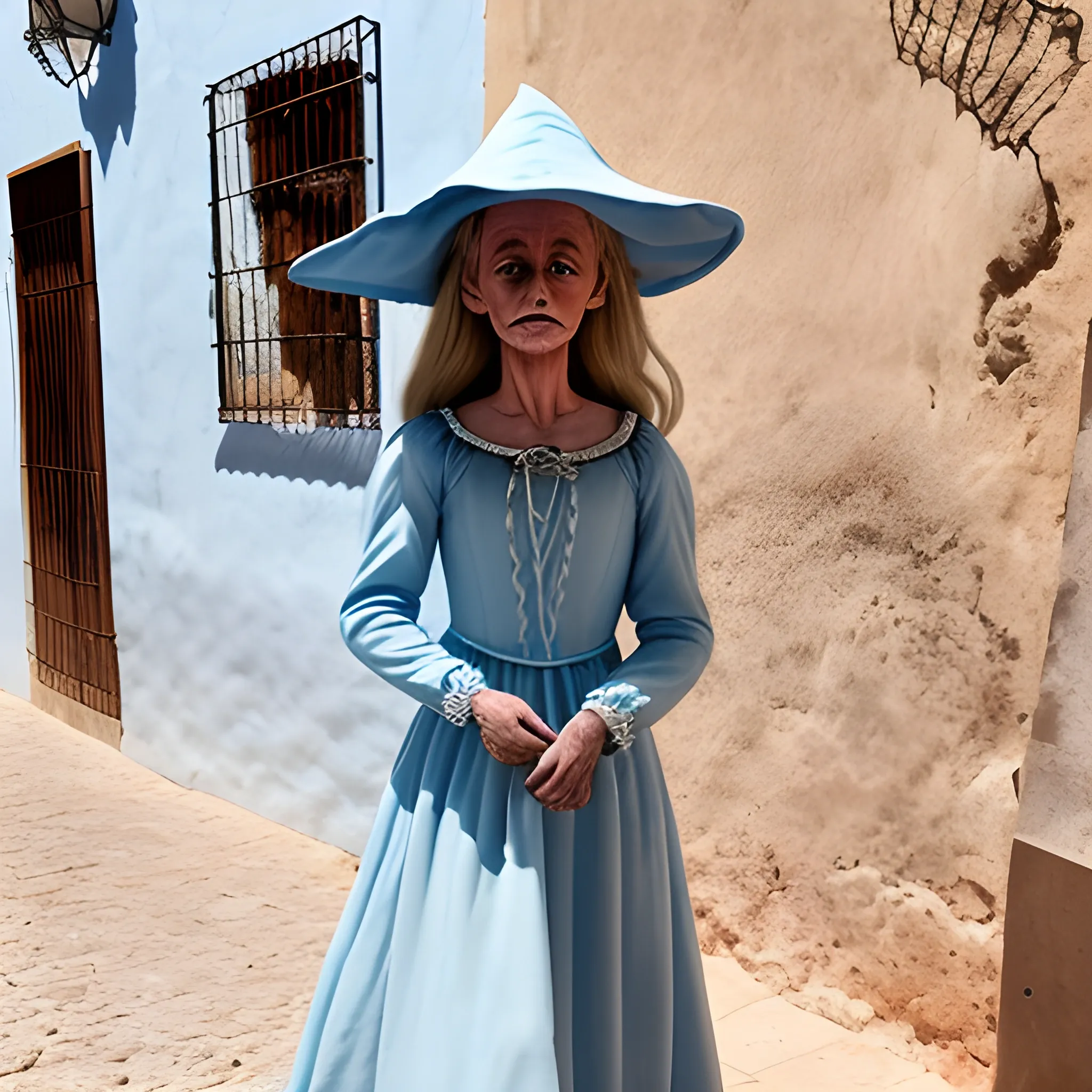 real photo of a nacy witch doll wearing a long light blue dress with long sleeves and who is walking through the Andalusian town of Utrera, she must have an ugly face and not wearing a hat