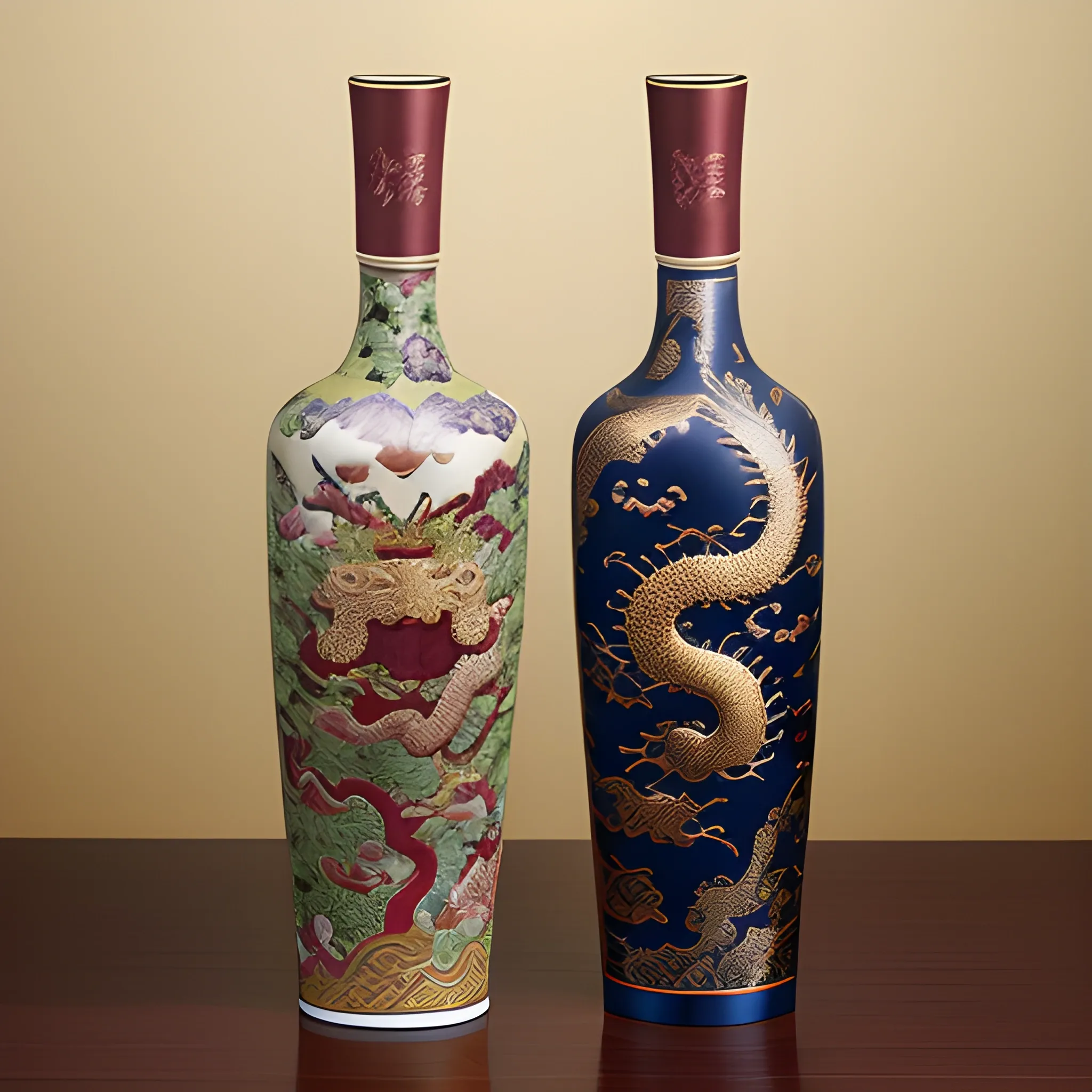 Design a ceramic wine bottle with Chinoiserie style, elegant, antique, cultural atmosphere and golden dragon or tiger totem design.