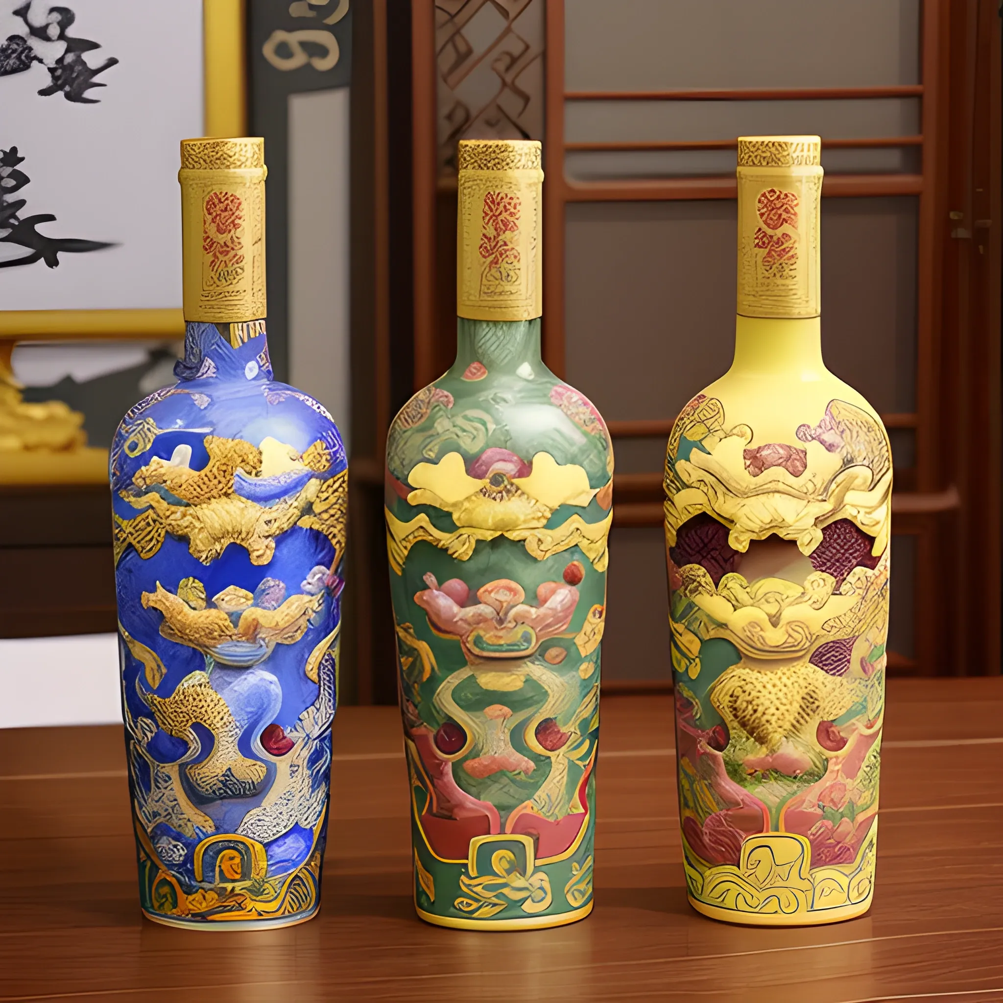 Design a ceramic wine bottle with Chinoiserie style, elegant, antique, cultural atmosphere and golden dragon or tiger totem design., Cartoon, Trippy