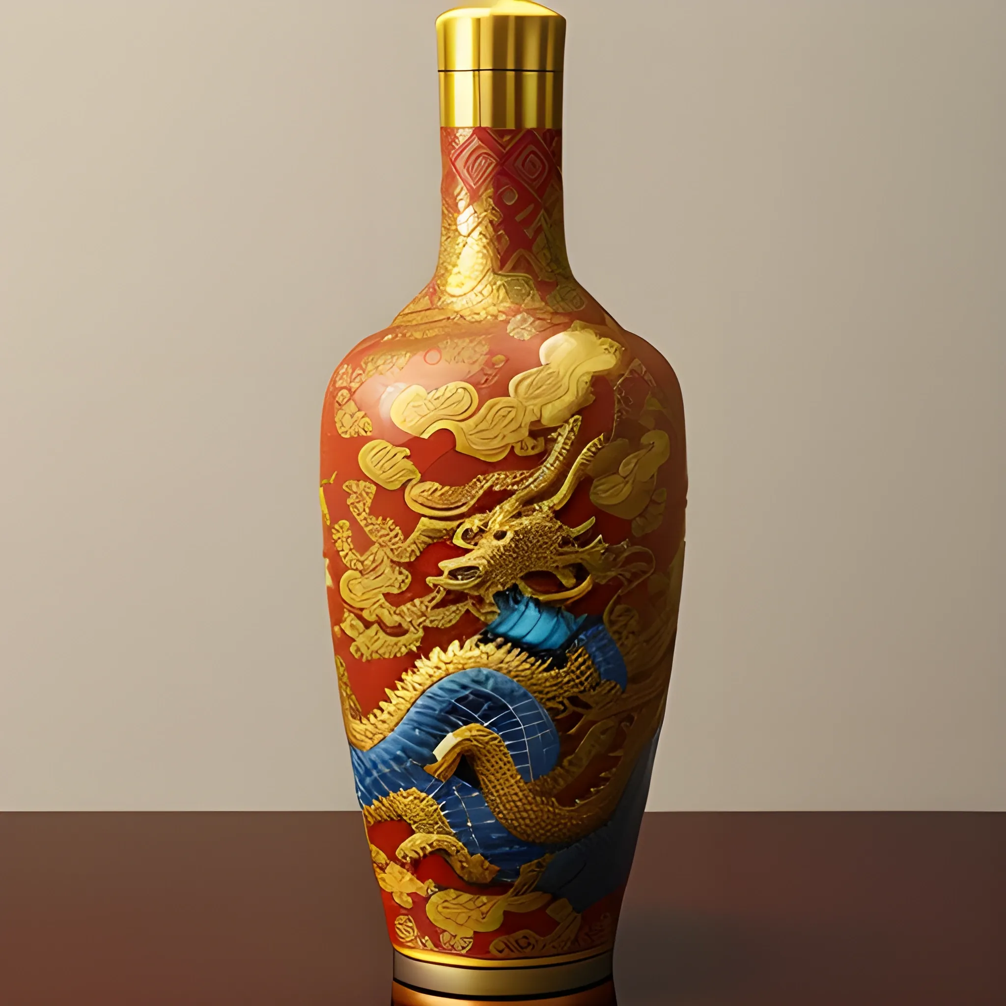 Design a ceramic wine bottle with Chinoiserie style, elegant, antique, cultural atmosphere and golden dragon or tiger totem design.