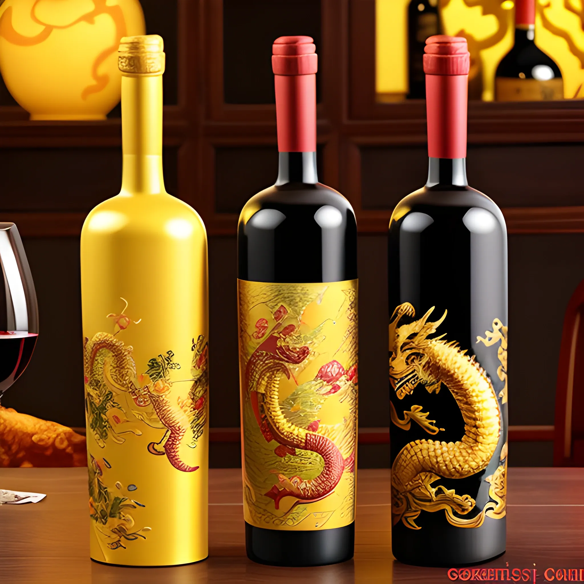 Design ceramic wine bottle with Chinoiserie style, elegant, antique, cultural atmosphere and golden dragon or tiger totem design.