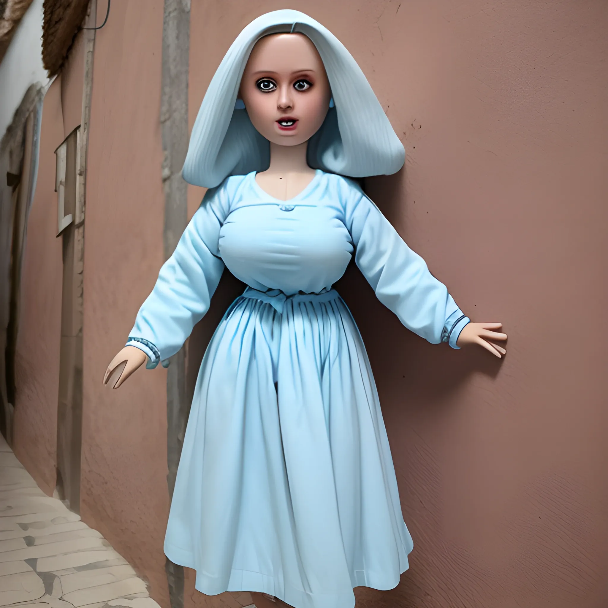 Photo of a Nacy doll wearing a long-sleeved light blue knee-length dress from the Andalusian town of Utrera, she must have an ugly face, she must have large breasts and marked nipples that can almost be seen