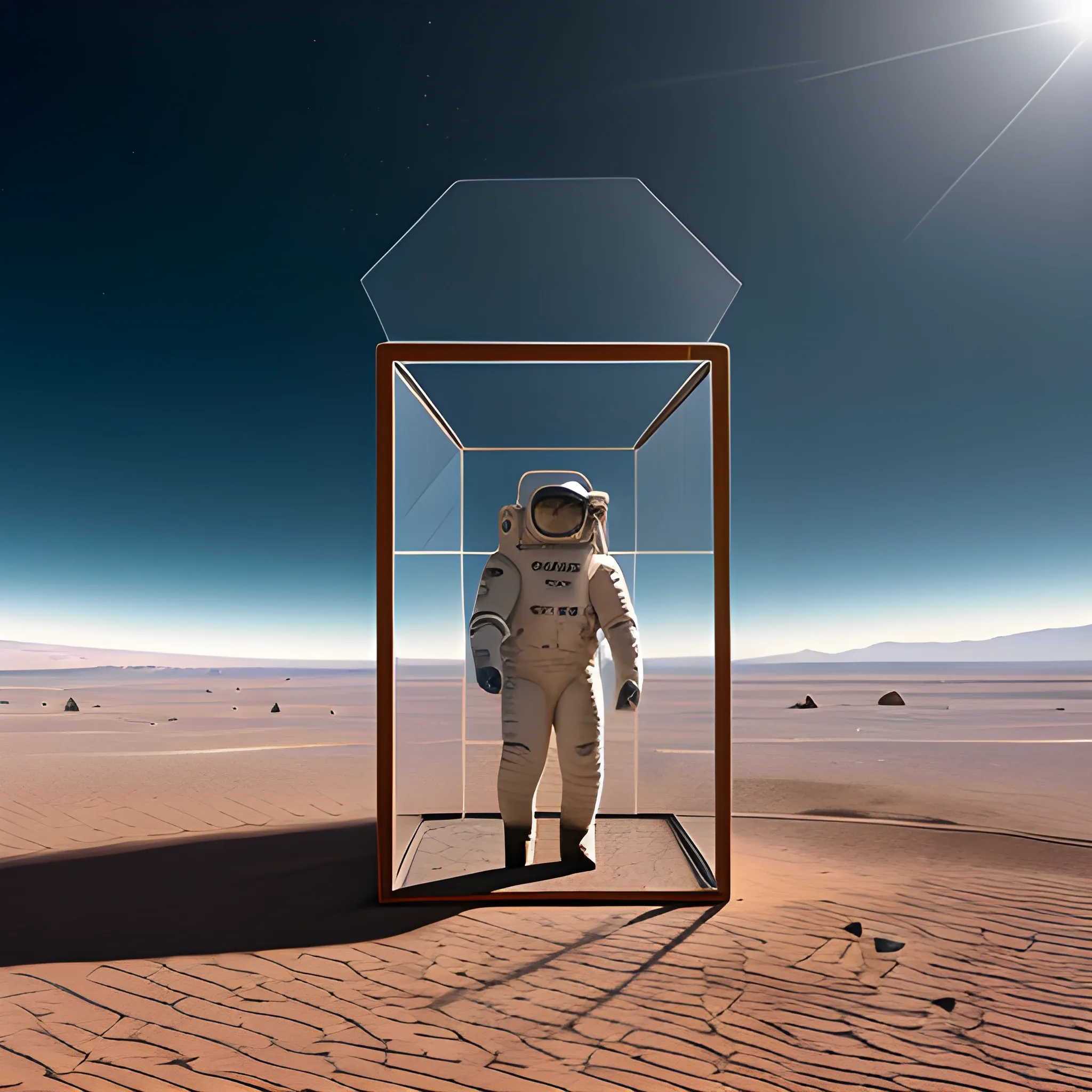 a hyper realistic image of astronaut, walking in a desert landscape in atacama with a hypercube or tesseract suspended in the air