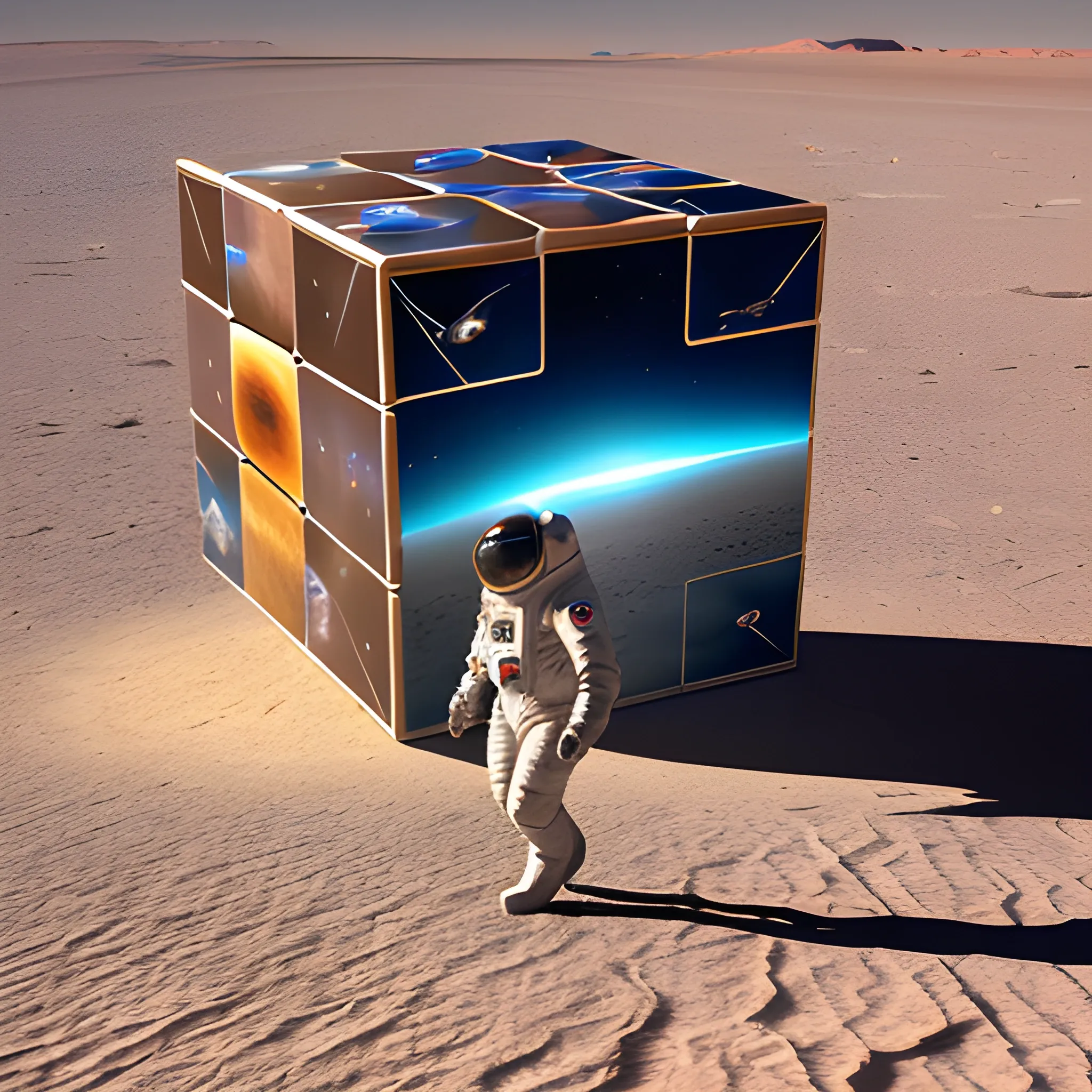 a hyper realistic image of astronaut, walking in a desert landscape in atacama with a hypercube or tesseract suspended in the air