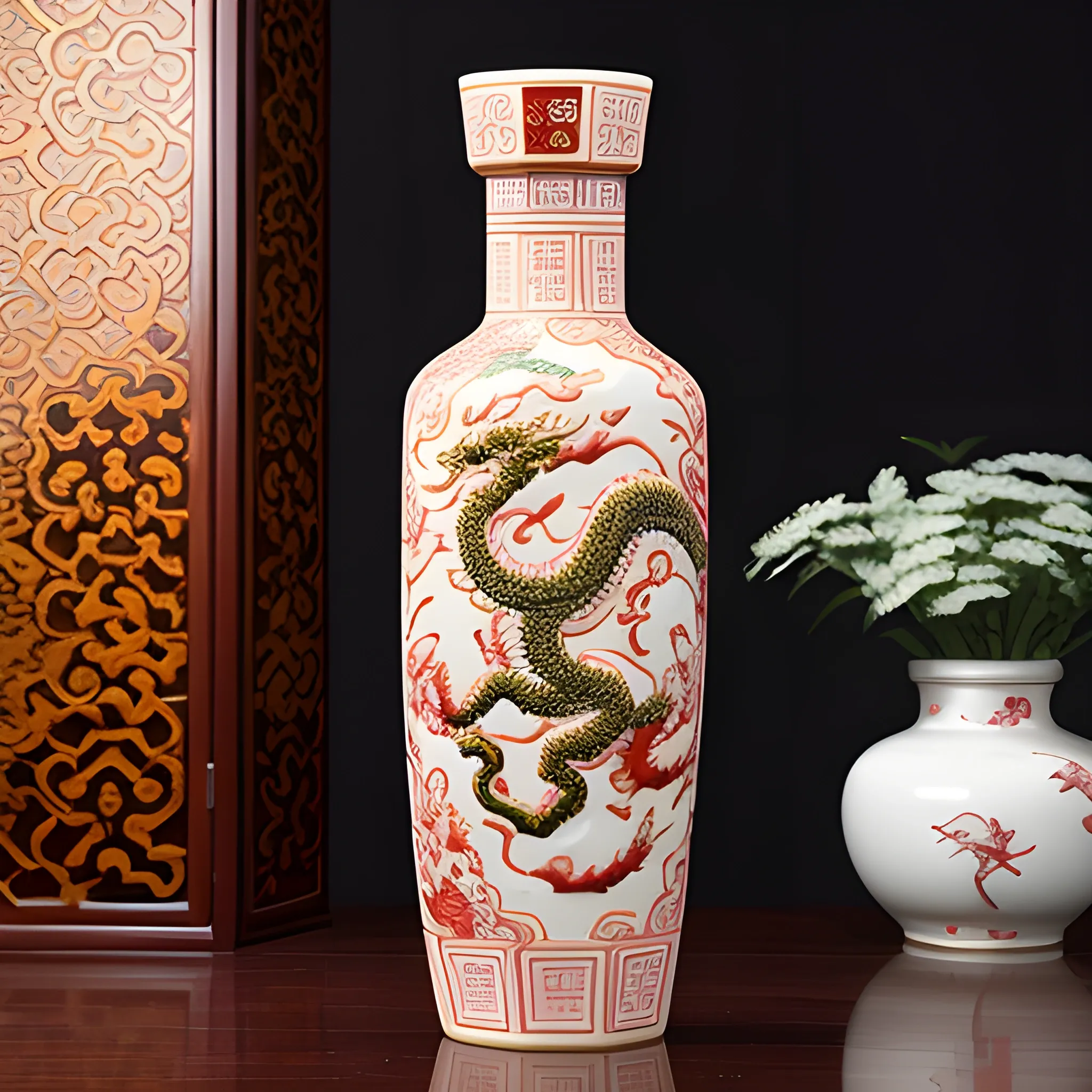 Design a Chinoiserie style, elegant, antique, cultural, dragon and tiger totem pattern, elliptical body, ceramic wine bottle for Baijiu