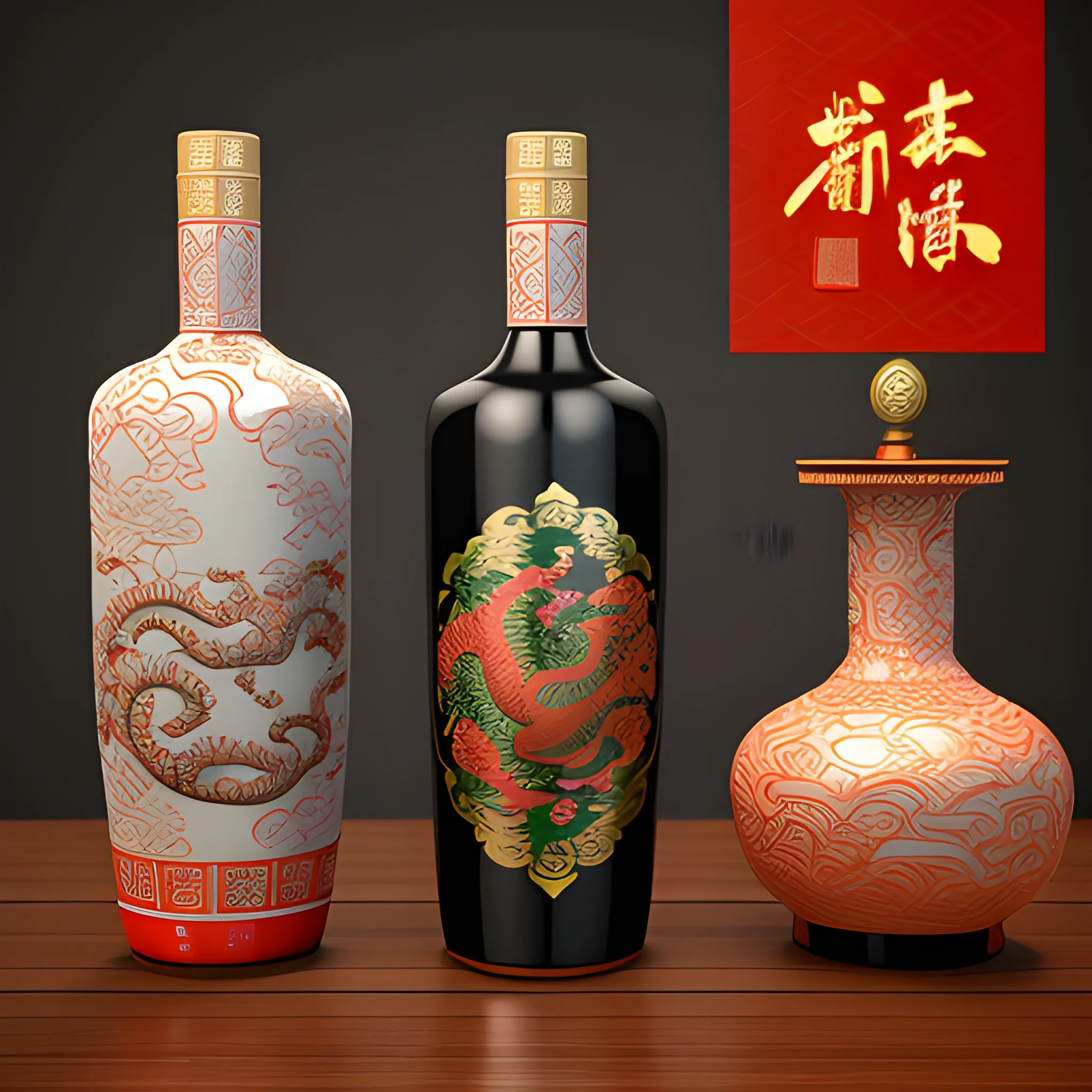 Design a Chinoiserie style, elegant, antique, cultural, dragon and tiger totem pattern, elliptical body, ceramic wine bottle for Baijiu, 3D