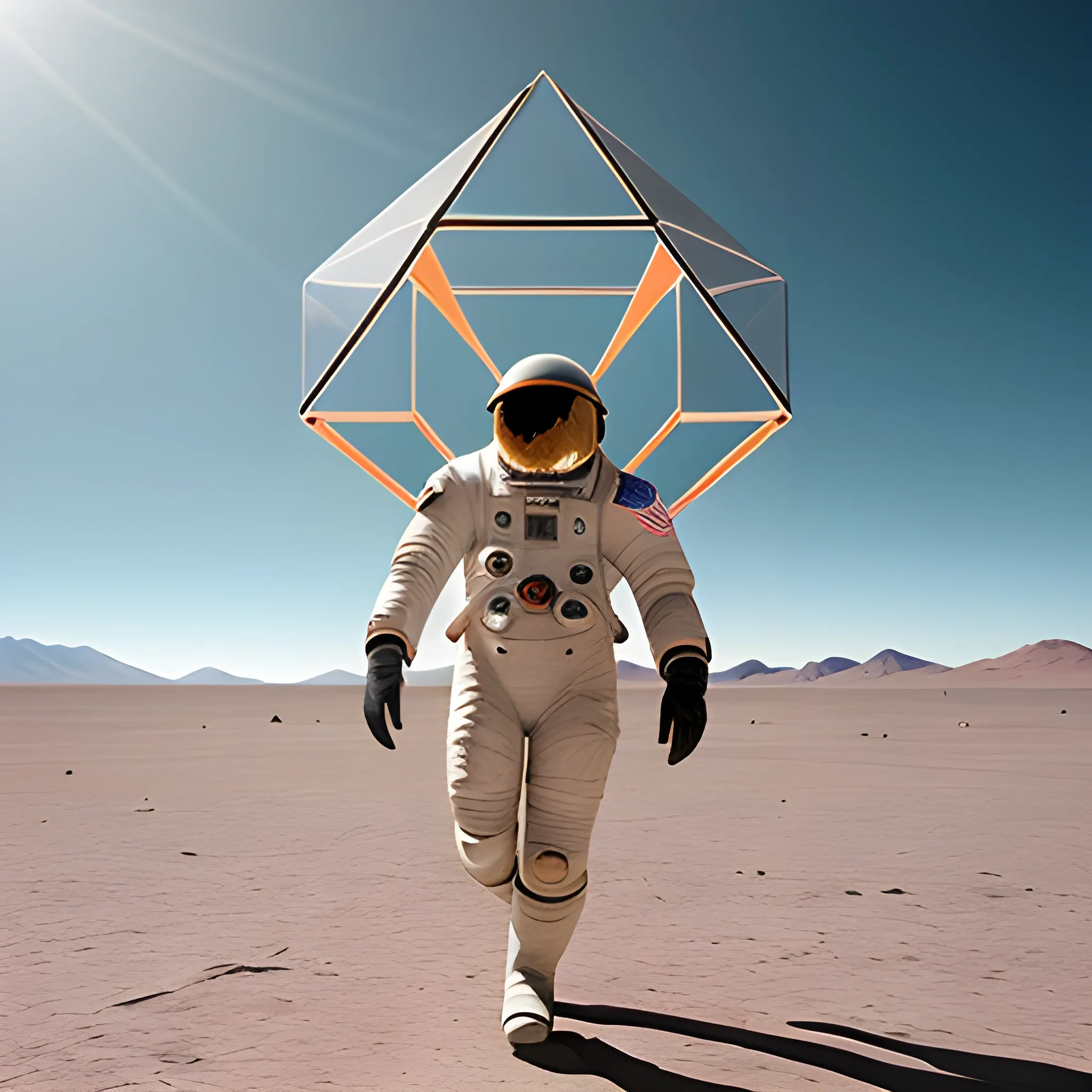 a hyper realistic image of 
astronaut, walking in a desert landscape in atacama with a hypercube or tesseract suspended in the sky