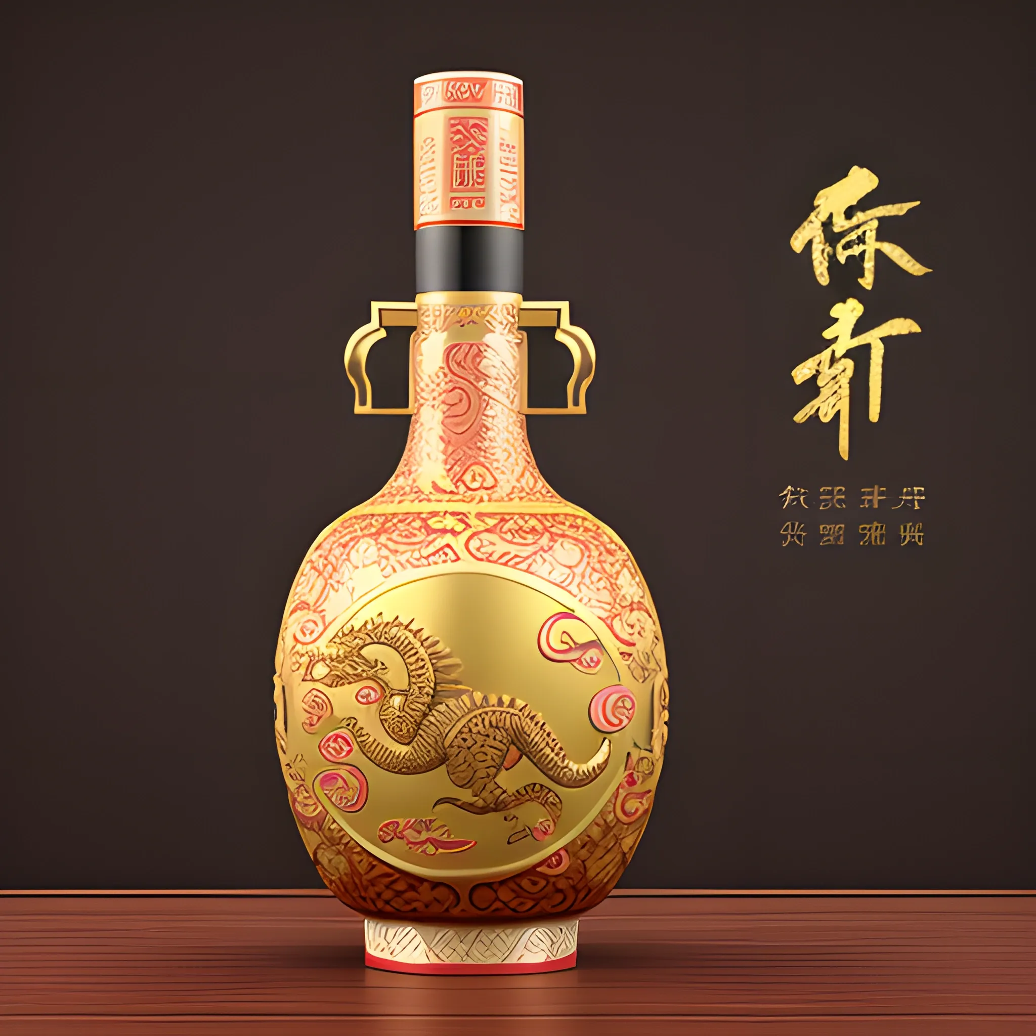 Design a Chinoiserie style, elegant, antique, cultural, golden dragon and tiger totem pattern, elliptical body, ceramic wine bottle for Baijiu, 3D