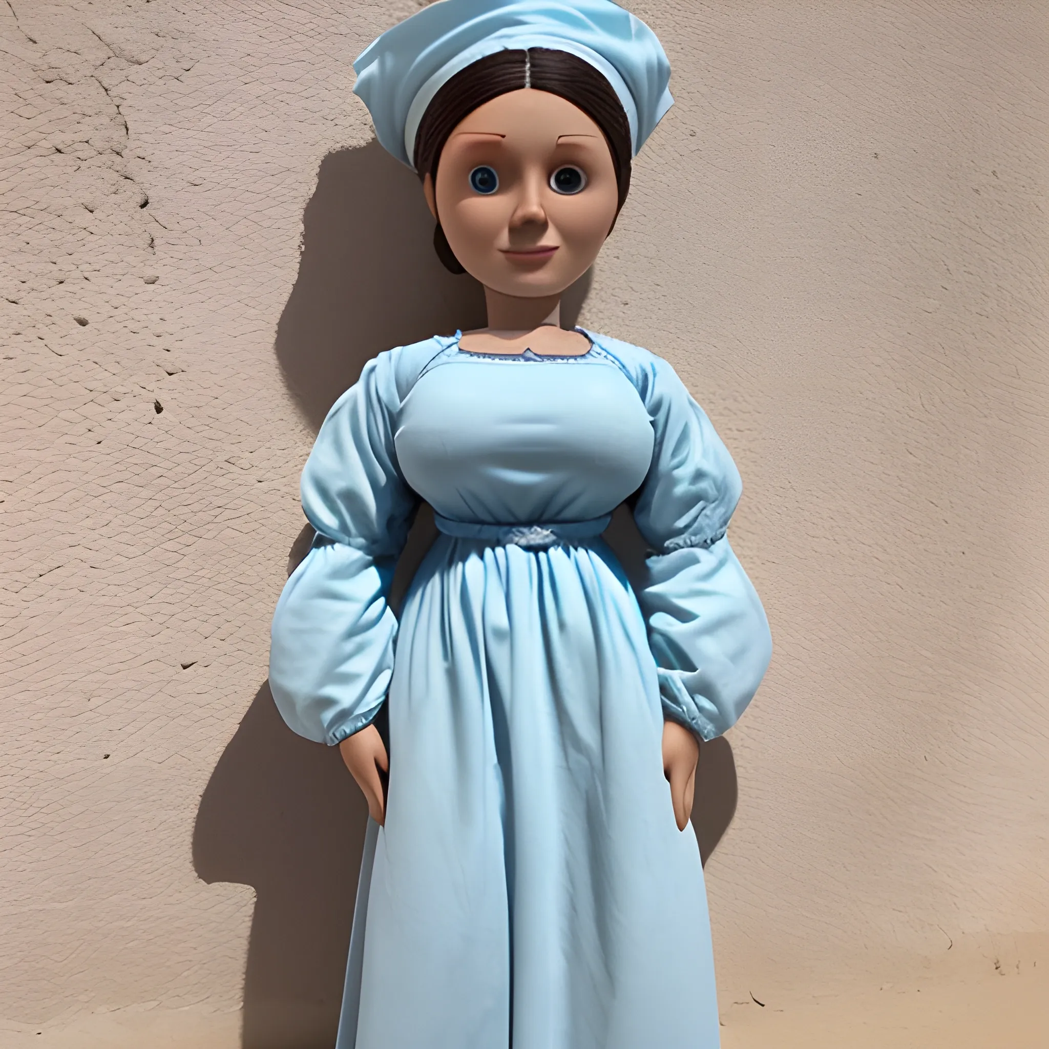 photo of a nacy doll wearing a knee-length light blue long-sleeved dress from the Andalusian town of Utrera, she must have an ugly face, she must have large breasts and marked nipples that are almost visible and with brown hai