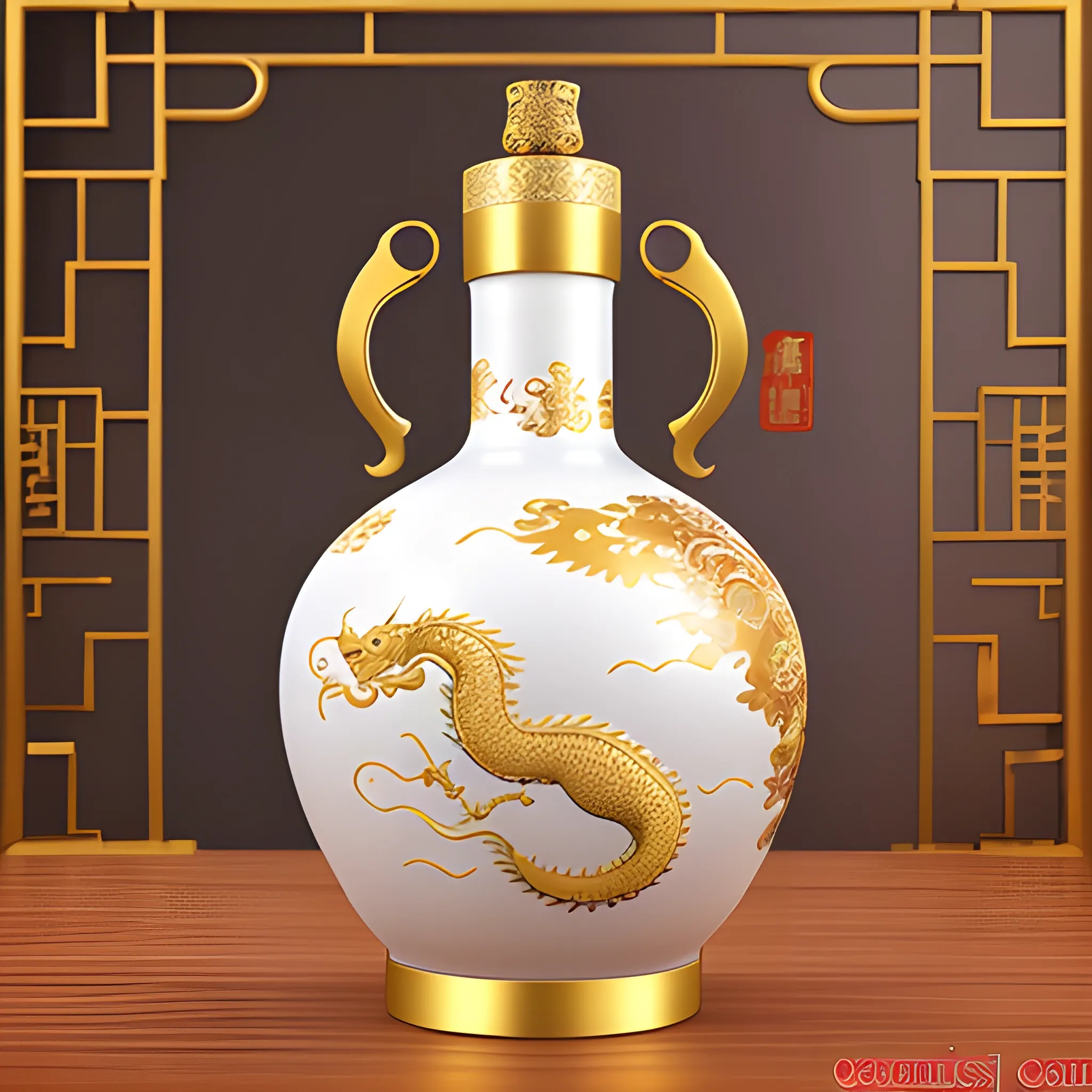 Design a Chinoiserie style, elegant, antique, cultural, golden dragon and tiger totem pattern, elliptical body, white ceramic wine bottle for Baijiu, 3D