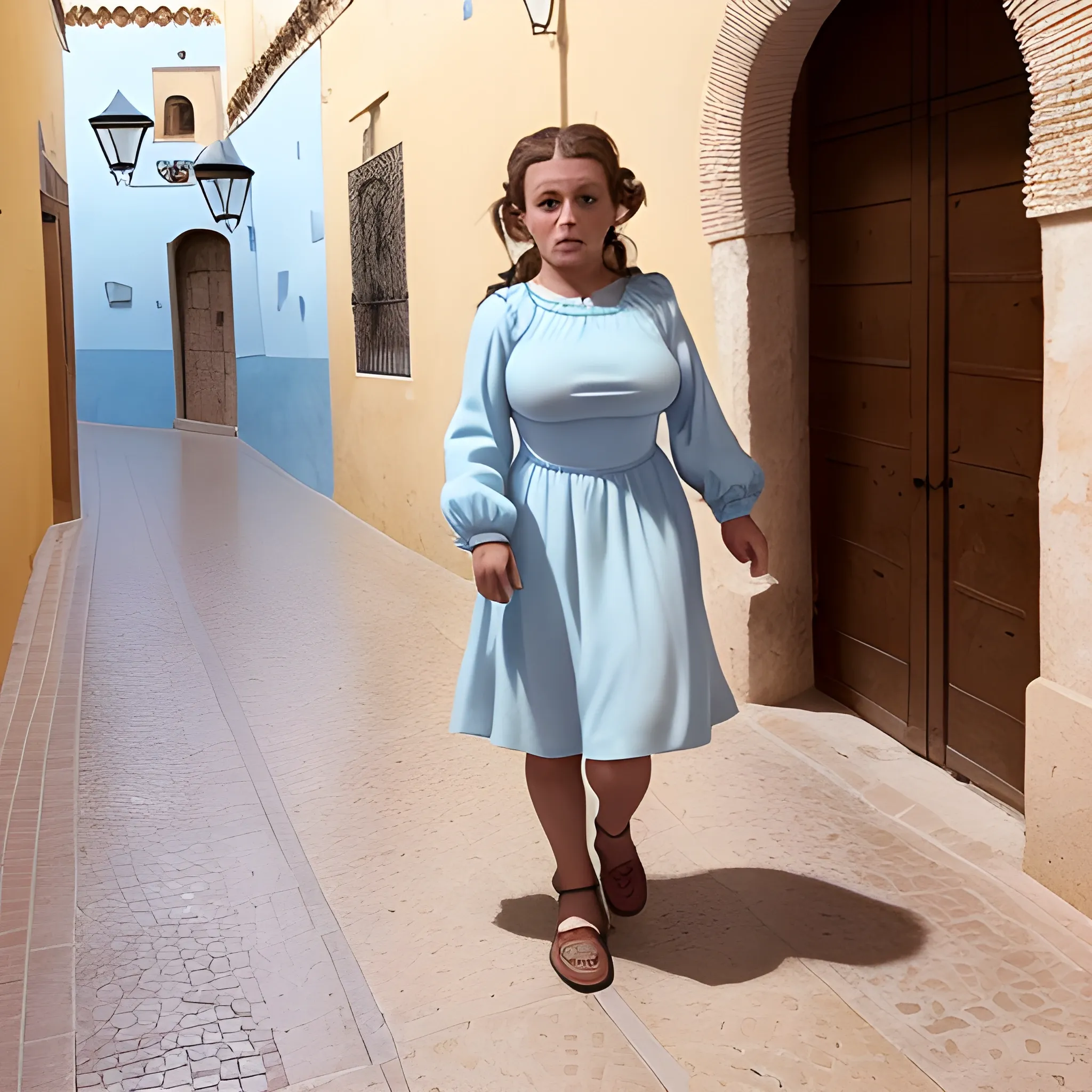 Photo of a Nacy doll wearing a long-sleeved light blue knee-length dress walking through a square in the Andalusian town of Utrera, she must have an ugly face, she must have large breasts and marked nipples that are almost visible and with hair Brown