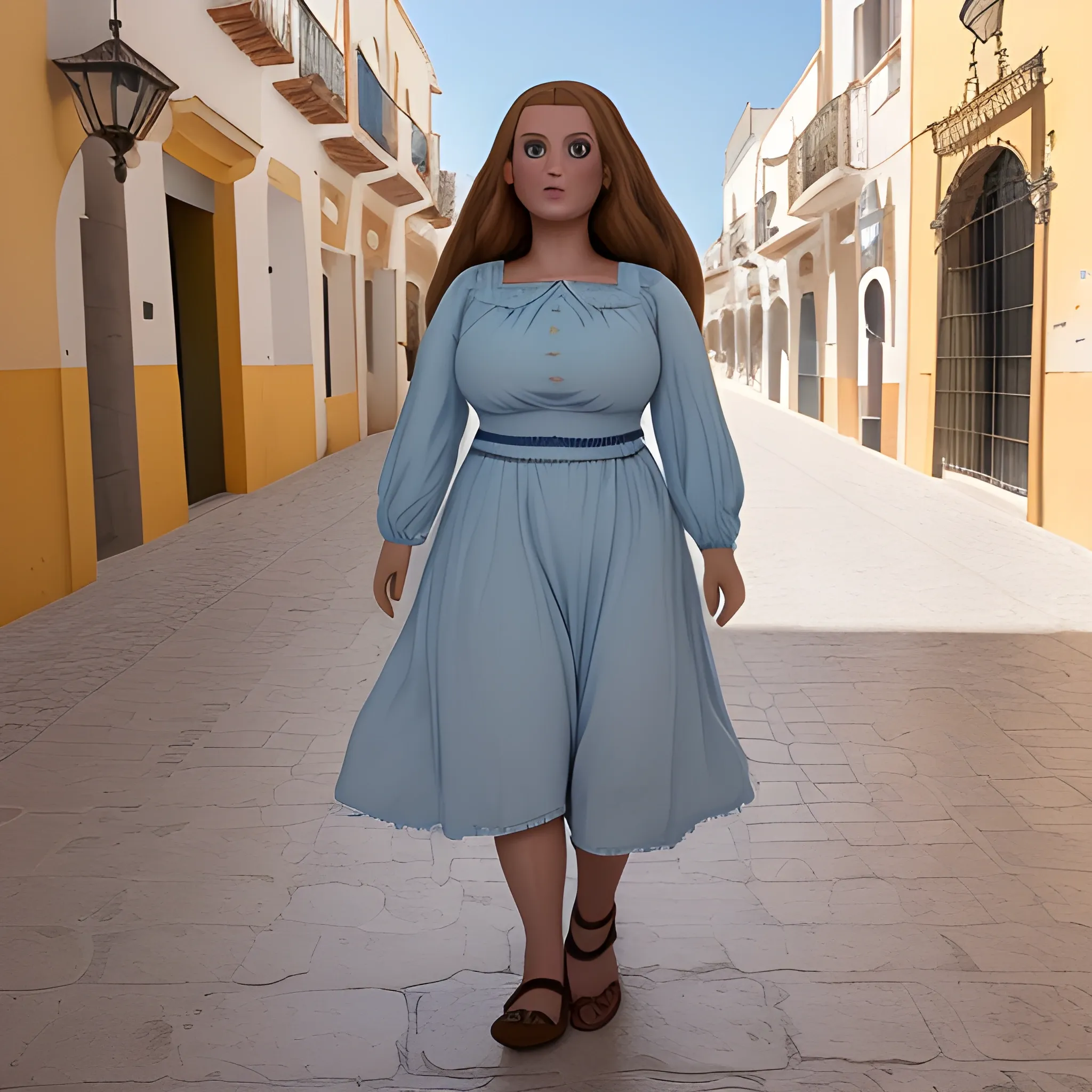 Photo of a Nacy doll wearing a long-sleeved light blue knee-length dress walking through a square in the Andalusian town of Utrera, she must have an ugly face, she must have large breasts and marked nipples that are almost visible and with hair Brown