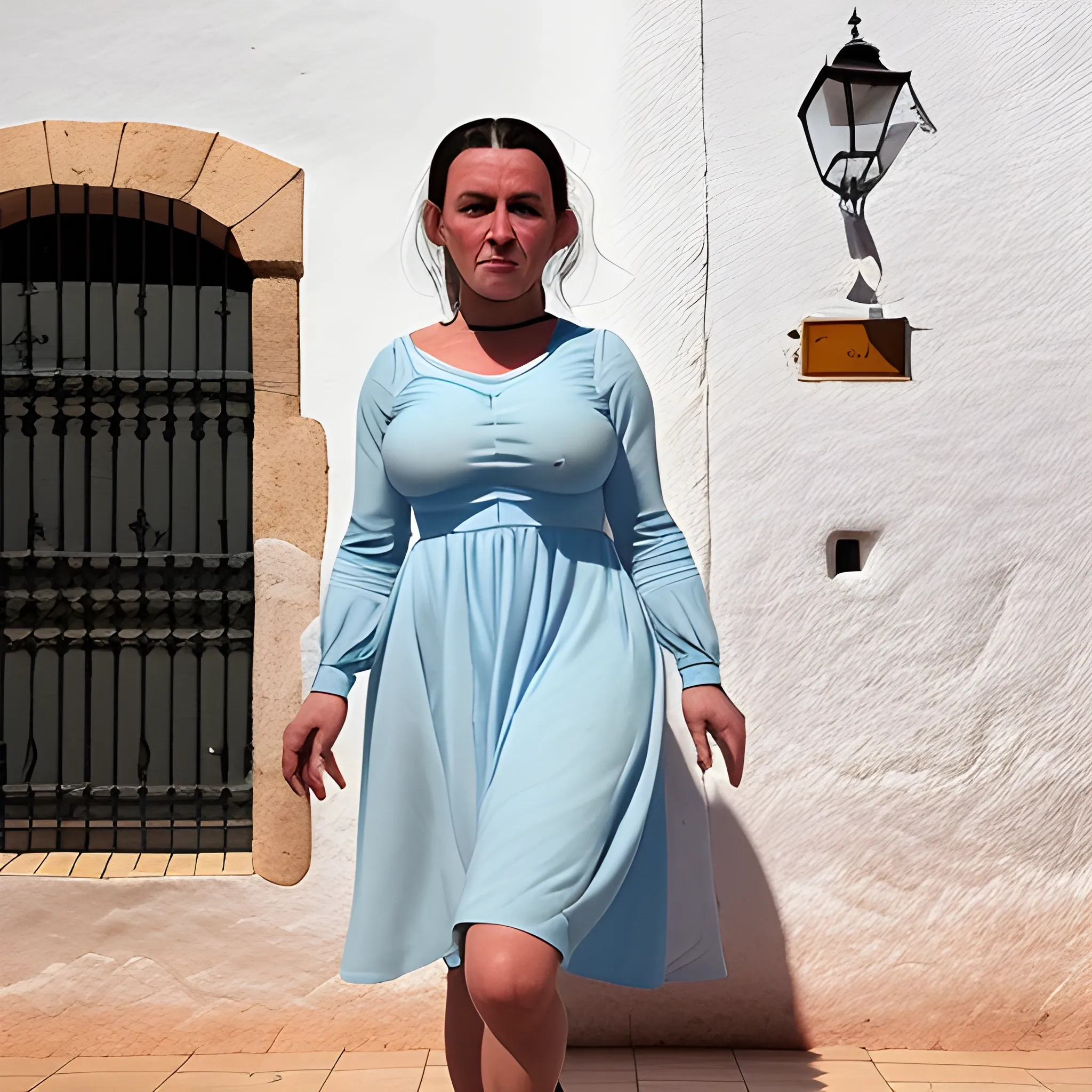 Photo of a Nacy doll wearing a long-sleeved light blue knee-length dress walking through a square in the Andalusian town of Utrera, she must have an ugly face and slim she must have large breasts and marked nipples that are almost visible and with hair Brownn 
