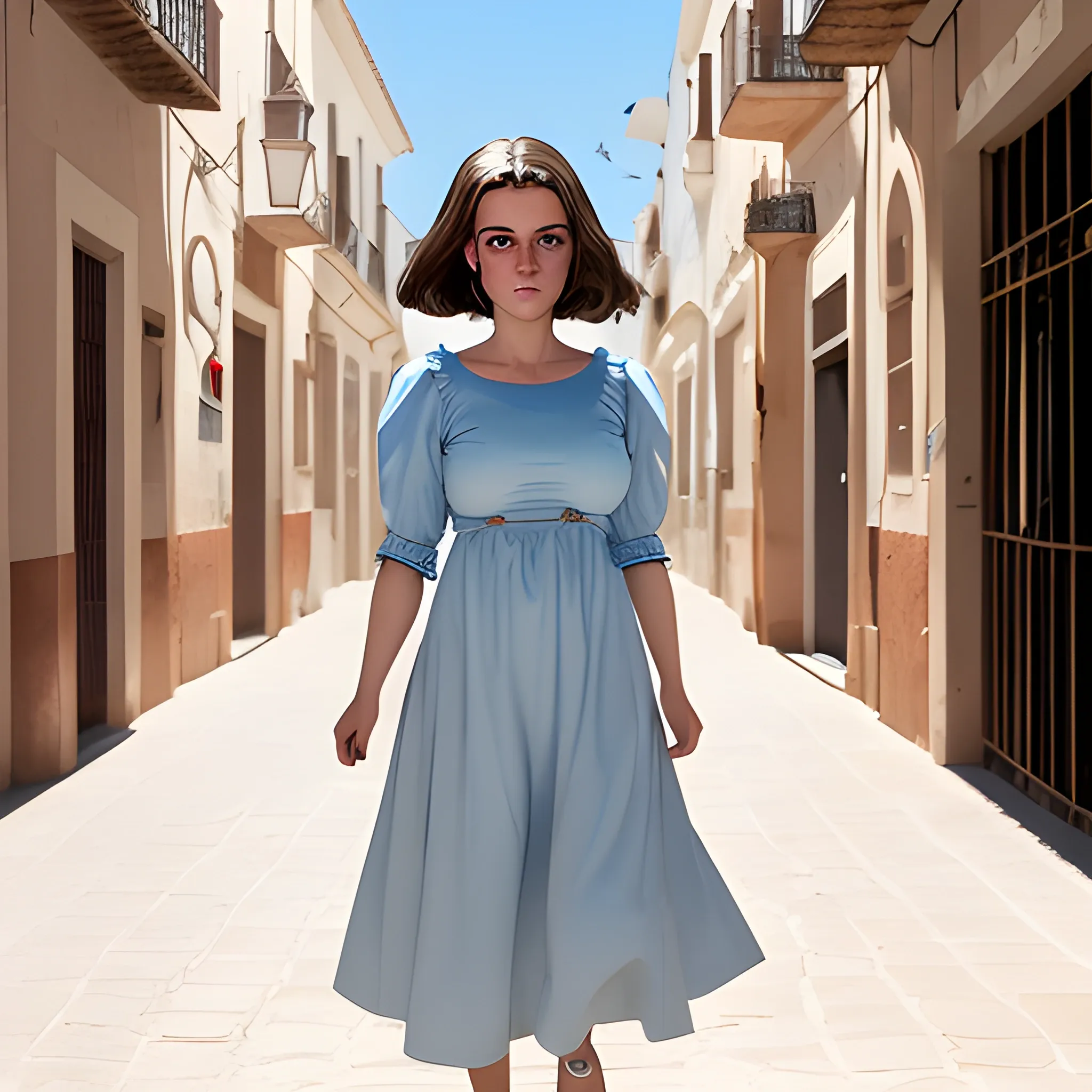 
Nacy doll with a light blue knee-length dress with elbow-length sleeves, walking through a square in the Andalusian town of Utrera on a hot day, she must be somewhat ugly and must have large breasts and marked nipples that are almost visible and with the dark brown hair