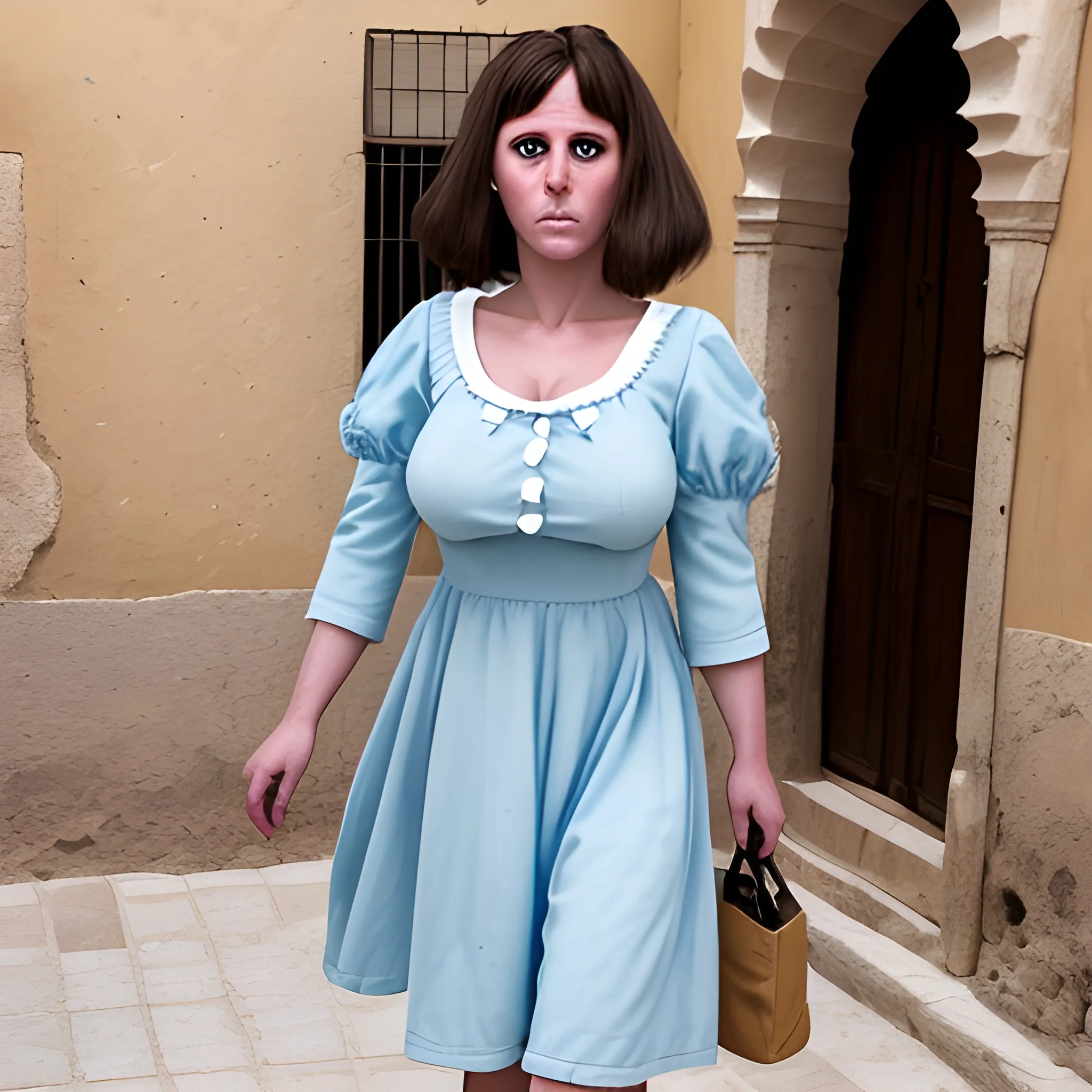 
Nacy doll with a light blue knee-length dress with elbow-length sleeves, walking through a square in the Andalusian town of Utrera on a hot day, she must be somewhat ugly and must have large breasts and marked nipples that are almost visible and with the dark brown hair