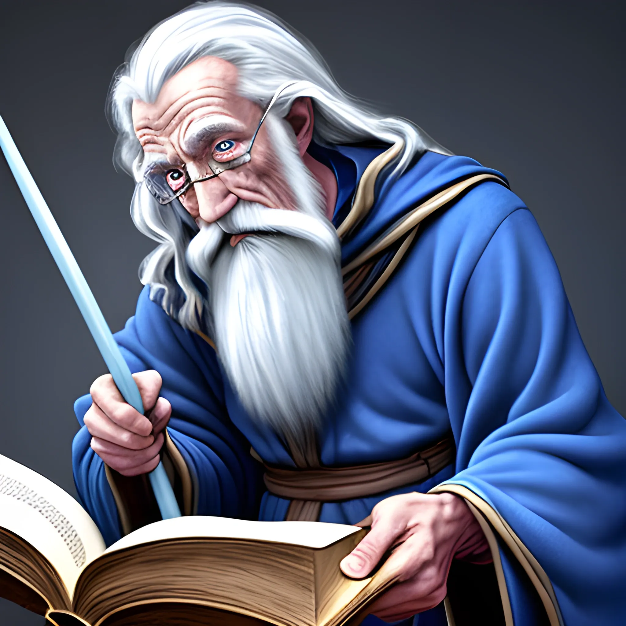 Old wizard with a Staff on Hand. He Has a book in second Hand. He Has blue robe. He Has white Heard. Fantasy, Cartoon
