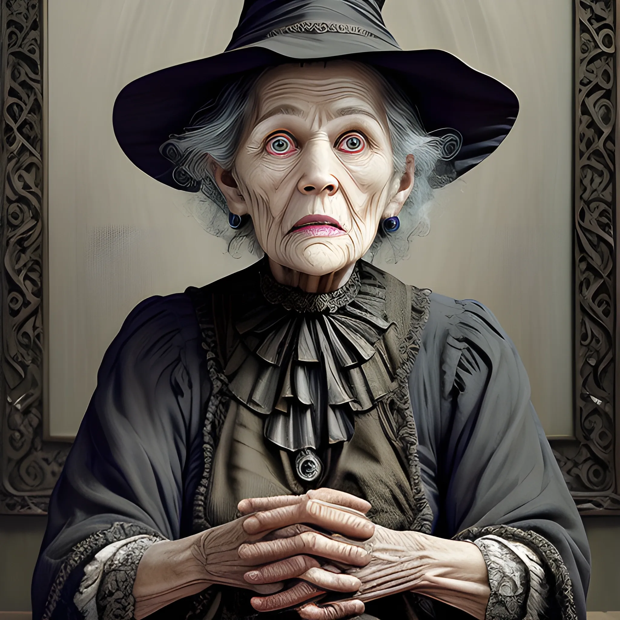 masterpiece, top quality, best quality, official art, intricate detailed), (old woman, old witch, witch, ugly woman), ((cinematic lighting)), full body, extreme detailed, highest detailed, surrealism, fantasy, perfect face, perfect hands, perfect fingers, perfect legs