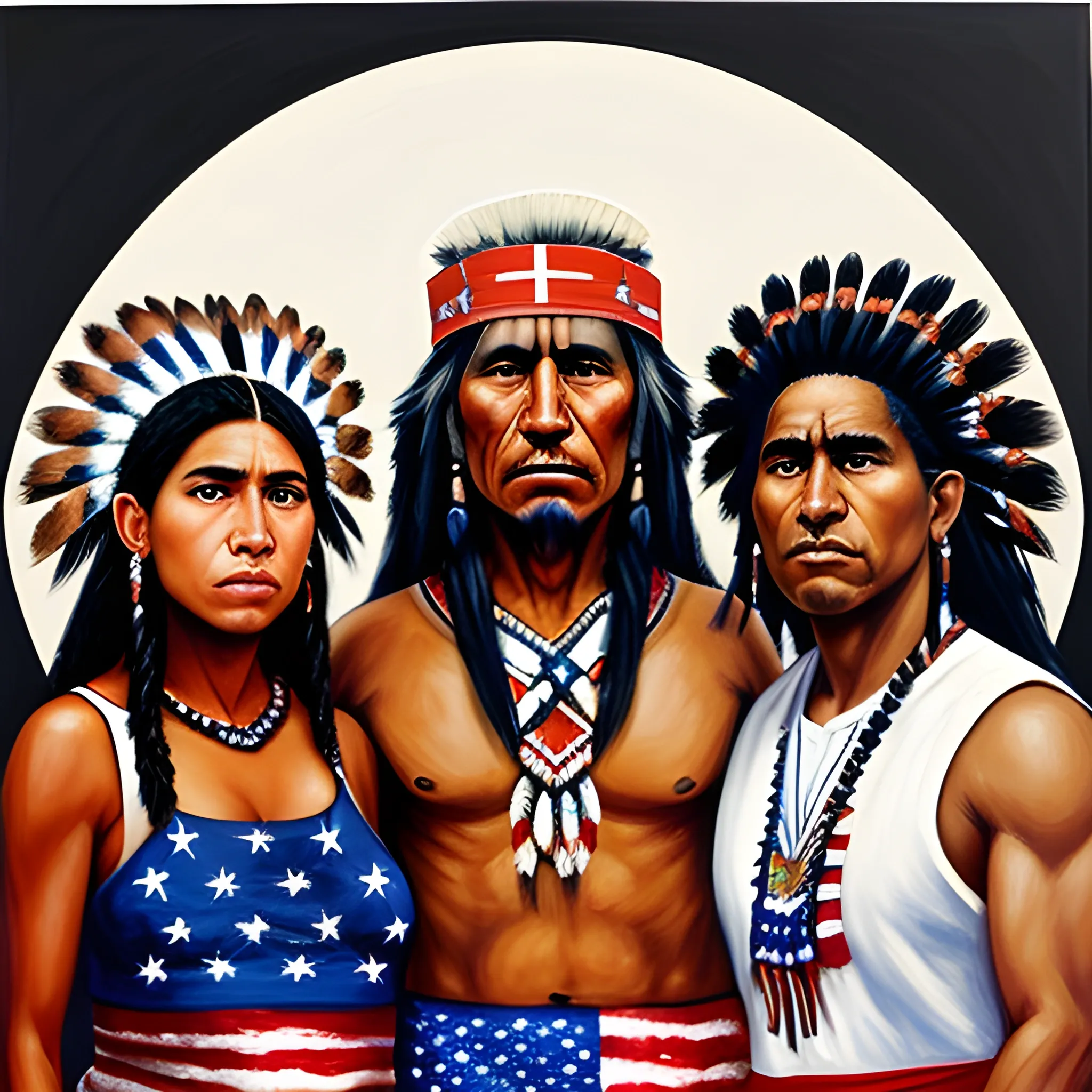 A native american, a black american and a white american standing in front off united states flag in oil paint style 