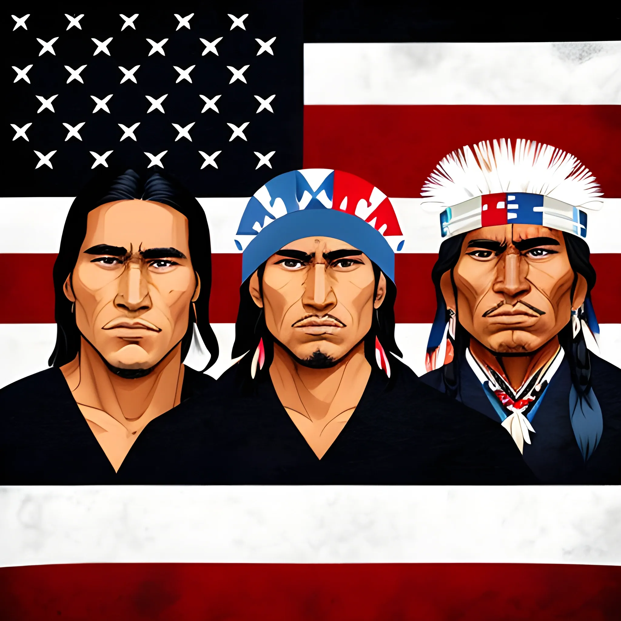 3 mens : native american, a black american and a white american standing in front off united states flag in realistic style 