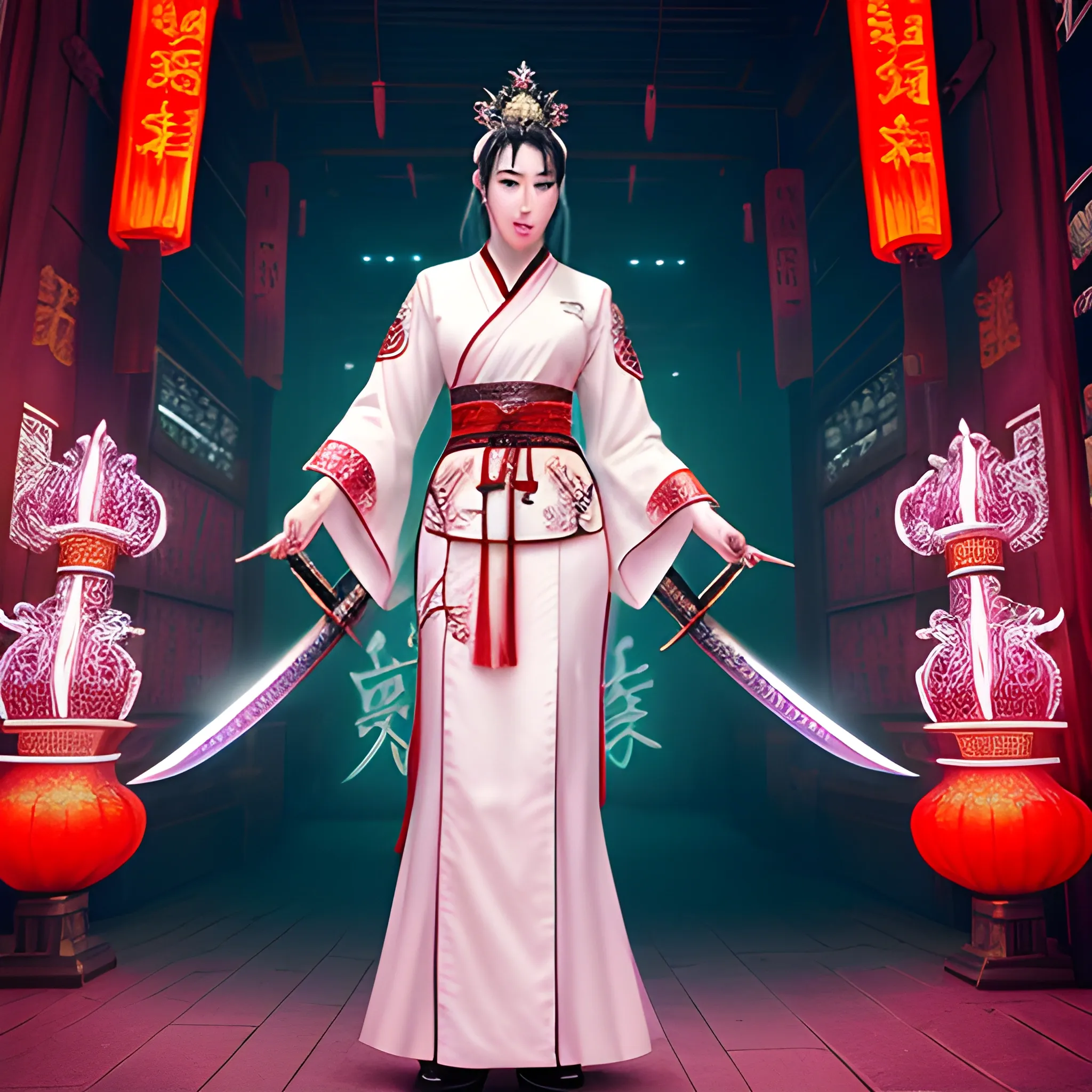 A young girl dressed in ancient Chinese clothing，Asian people white robe，hands houlding a sword，martialarts and fairy like vibe，game character ，surrounded by runes ，Cyberpunk style，neon lights ，best quality，masterpiece ，cg，hdr，high-definition，extremely detailed，photorealistic，epic，detailed face，pretty，detailed UHD--ar 3:4--s 750