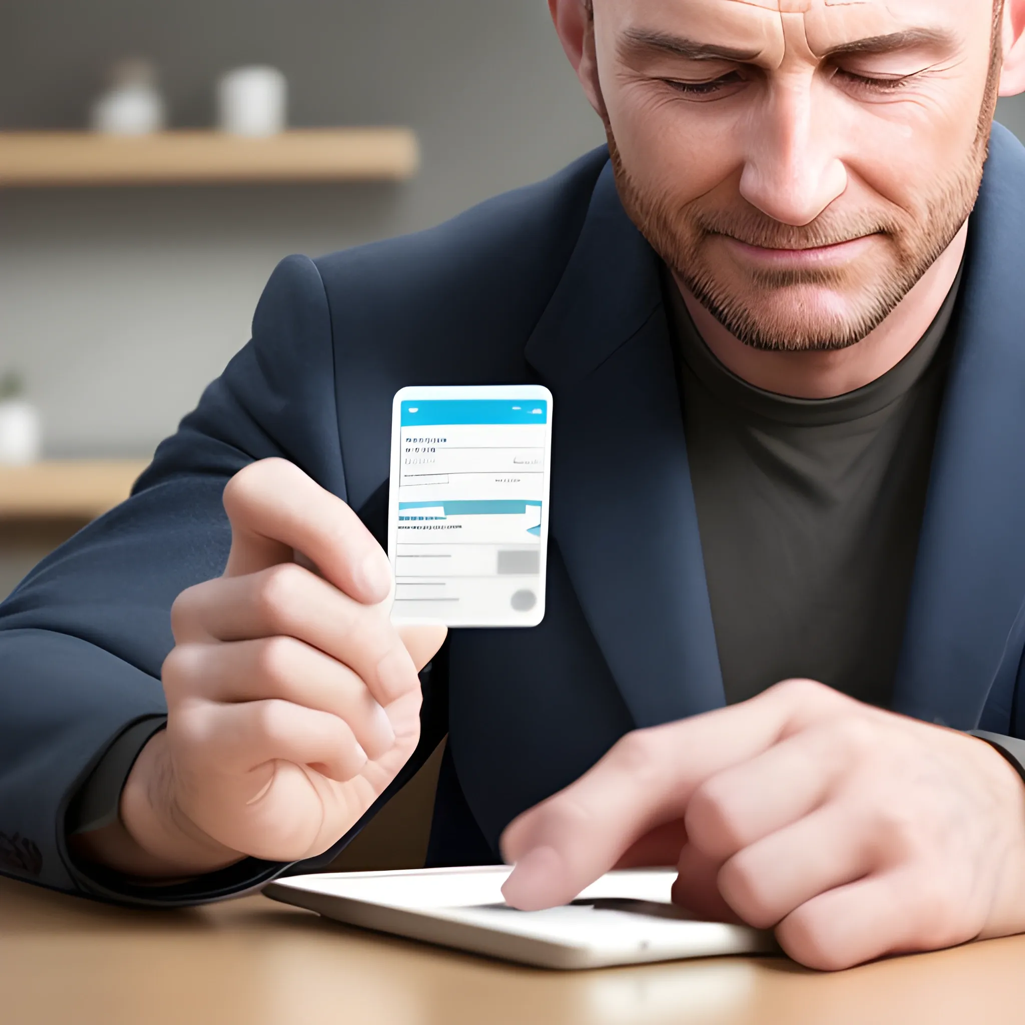 a man with a phone in his hand making a bank transfer, a photo taken by a professional photographer, super-realistic