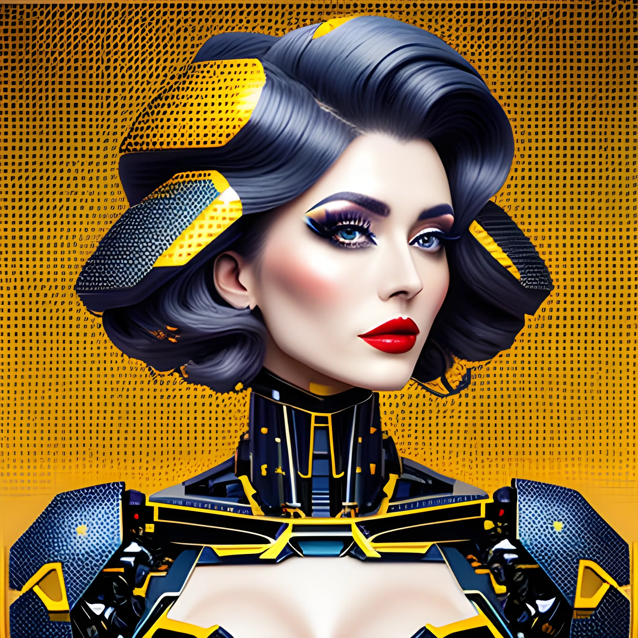 masterpiece,best quality,upper body,2girl,mecha,yellow theme,print \(medium\),photomosaic,cone hair flowing,wide-eyed,lipstick,panorama