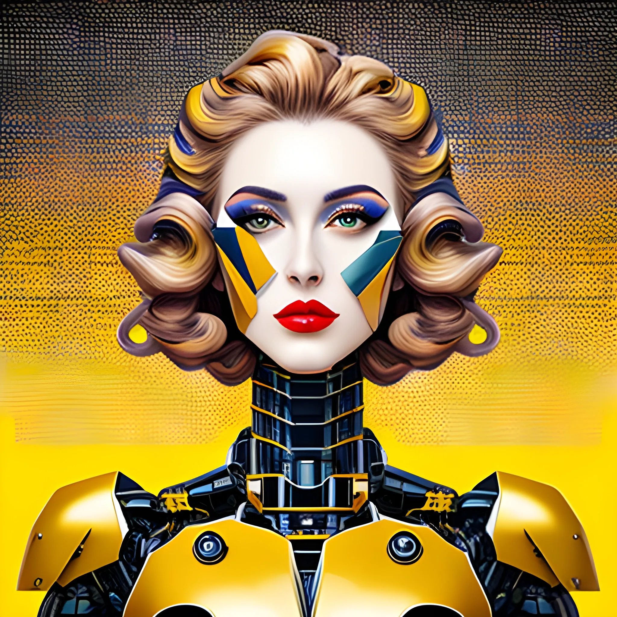 masterpiece,best quality,upper body,2girl,mecha,yellow theme,print \(medium\),photomosaic,cone hair flowing,wide-eyed,lipstick,panorama, Oil Painting