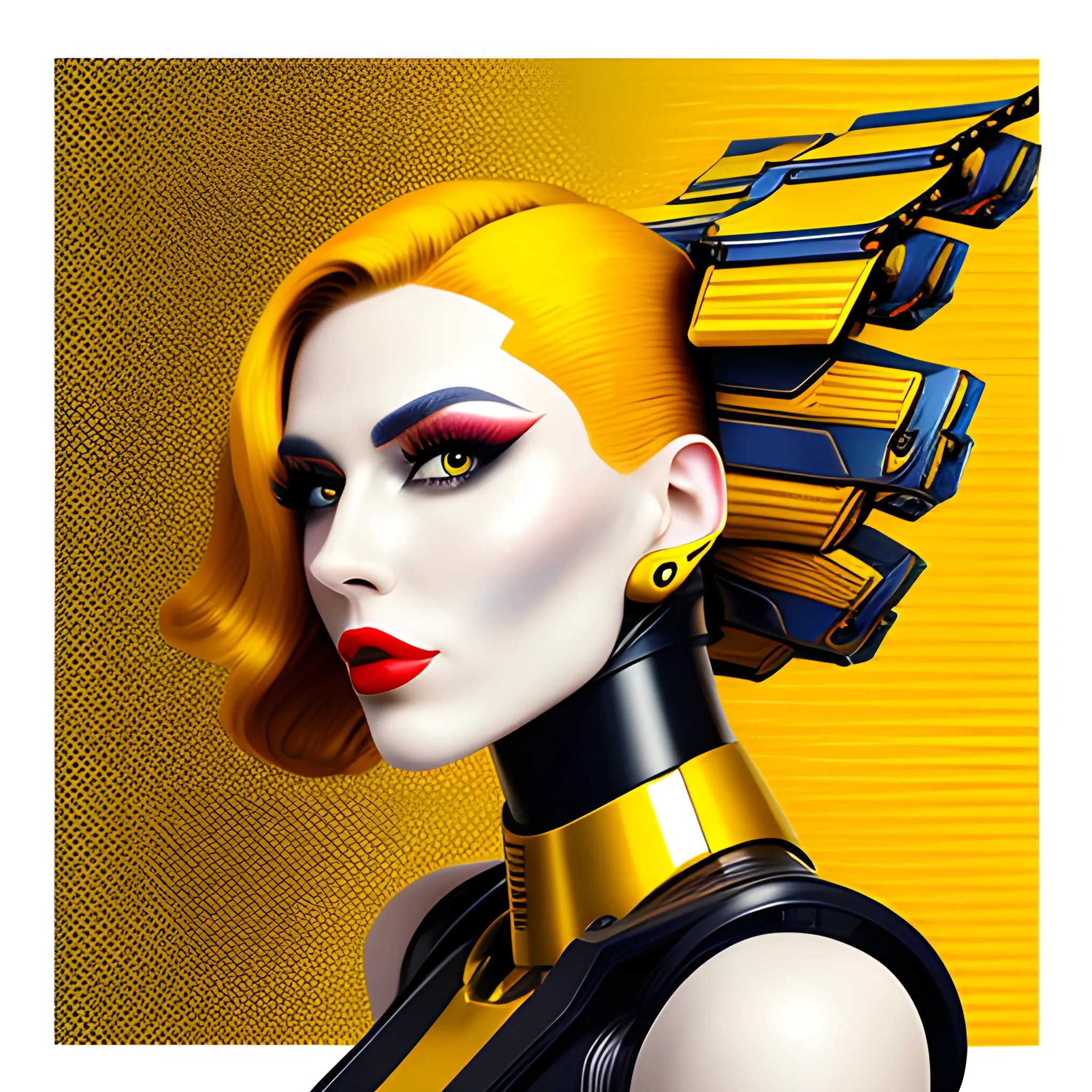 masterpiece,best quality,upper body,2girl,mecha,yellow theme,print \(medium\),photomosaic,cone hair flowing,wide-eyed,lipstick,panorama,Cartoon