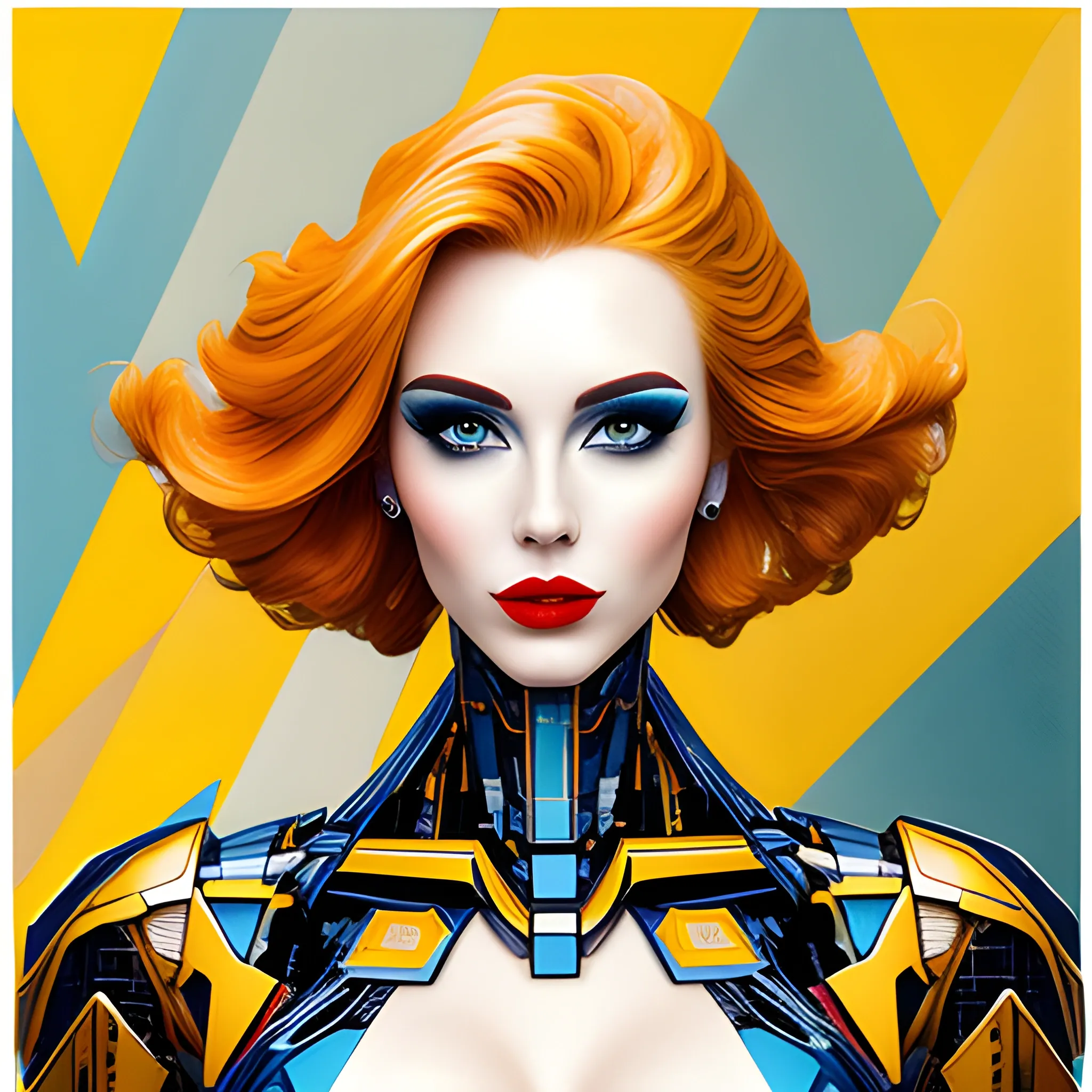 masterpiece,best quality,upper body,2girl,mecha,yellow theme,print \(medium\),photomosaic,cone hair flowing,wide-eyed,lipstick,panorama,Water Color