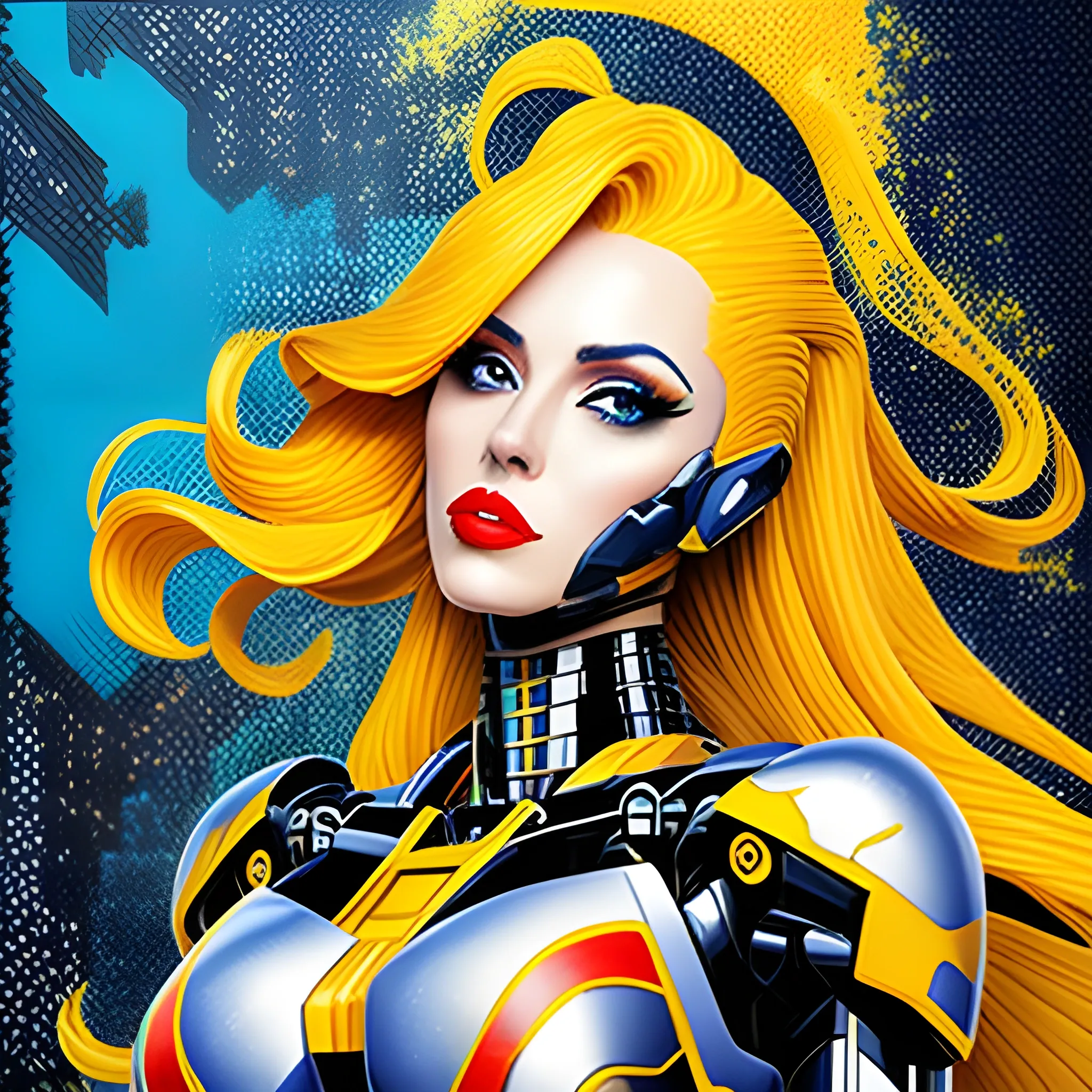 masterpiece,best quality,upper body,2girl,mecha,yellow theme,print \(medium\),photomosaic,flowing hair,wide-eyed,lipstick,panorama,Water Color