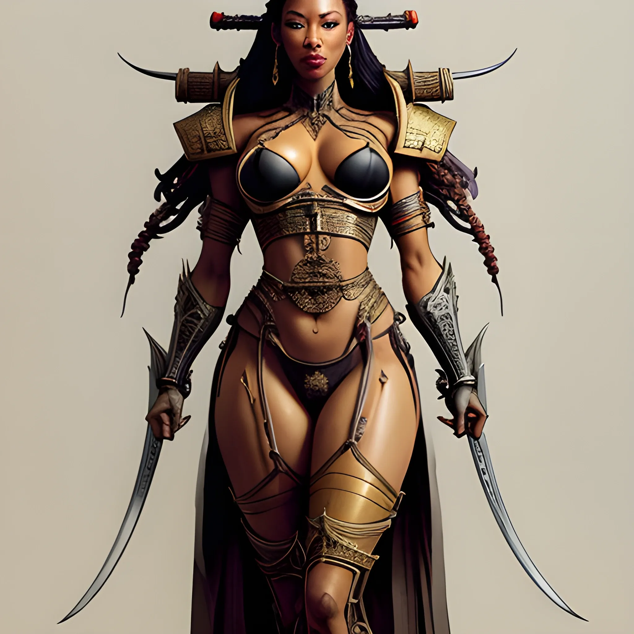 portrait full body female African concubine with slim curvy body dressed like a samurai painting by gaston bussiere, greg rutkowski, yoji shinkawa, yoshitaka amano, tsutomu nihei, donato giancola, tim hildebrandt, oil on canvas, trending on artstation, featured on pixiv, cinematic composition, extreme detail, metahuman creator ,(best quality:1.4), ((masterpiece)),((realistic)), (detailed), Negative prompt: paintings, sketches, (worst quality:2.0),(normal quality:2.0), (low quality:2.0), lowres, ((monochrome)), ((grayscale))(monochrome:1.1), (shota:1.5), ((disfigured)), ((bad art)),((NSFW)), bad-hands-5, Steps: 20, Sampler: DDIM, CFG scale: 7, Seed: 4141018083, Size: 512x768, Model hash: 32c4949218, Model: V08_V08, Denoising strength: 0.5, ENSD: 31337, Hires upscale: 2, Hires steps: 20, Hires upscaler: 4x-UltraSharp 4K