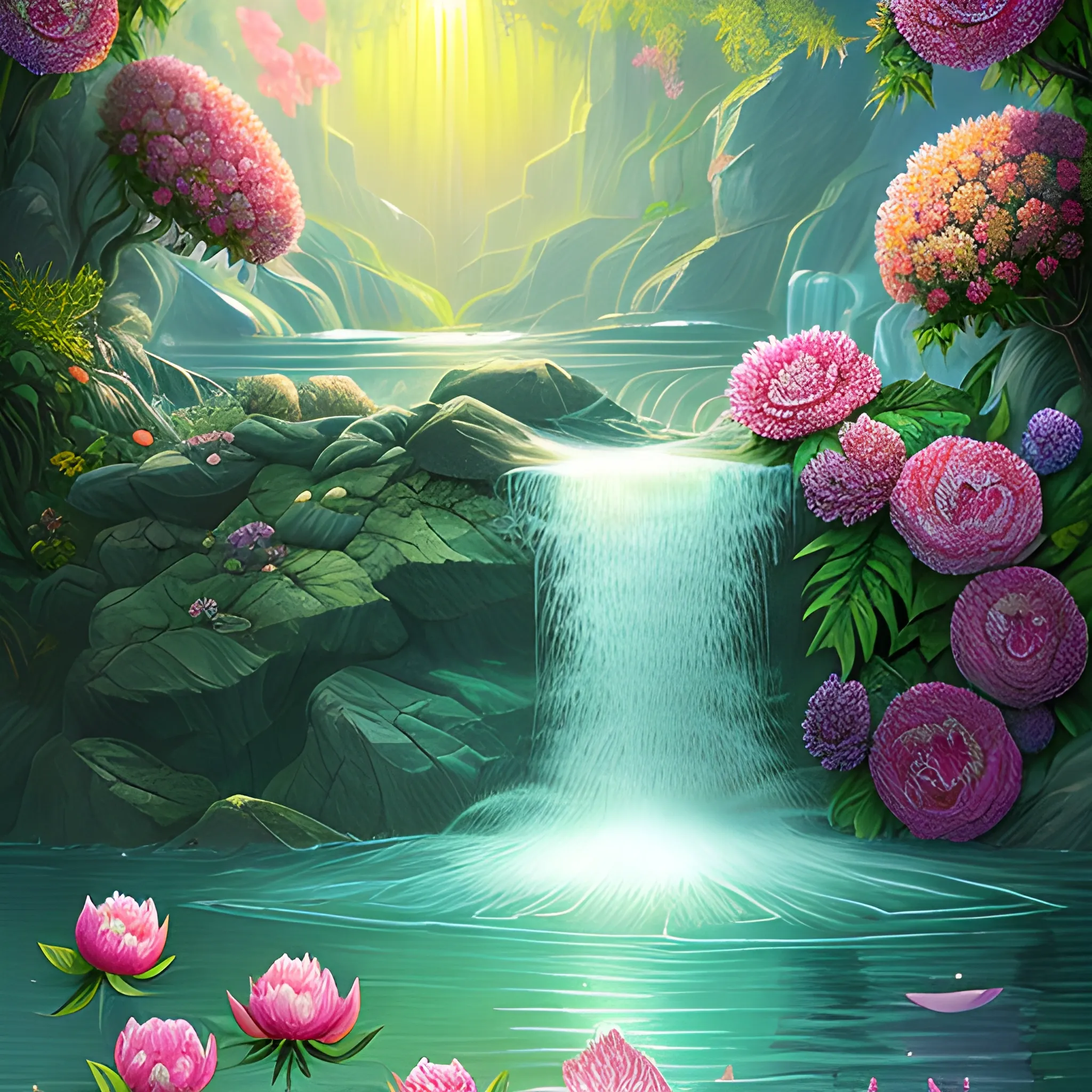 Magnificent peacock 🦚, high detail, bright details, sun glare, peonies, small waterfall, complex composition, intricate details, water splashes, dew drops, digital painting, high quality. Filter: ReVAnimated. By IrinaKapi