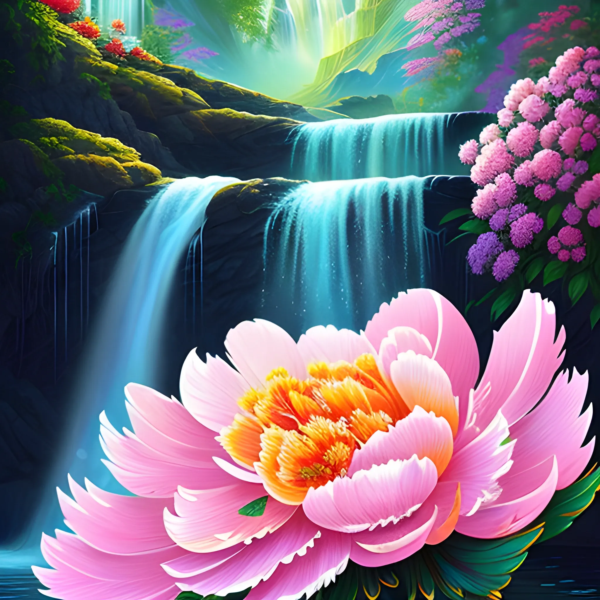 Magnificent peacock 🦚, high detail, bright details, sun glare, peonies, small waterfall, complex composition, intricate details, water splashes, dew drops, digital painting, high quality. Filter: ReVAnimated. By IrinaKapi