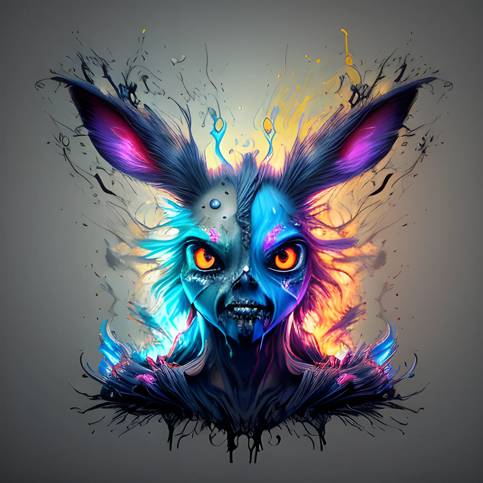Zombie Eevee, Hyperdetailed Eyes, Tee-Shirt Design, Line Art, Black Background, Ultra Detailed Artistic, Detailed Gorgeous Face, Natural Skin, Neon colors, Water Splash, Colour Splash Art, Fire and Ice, Splatter, Black Ink, Liquid Melting, Dreamy, Glowing, Glamour, Glimmer, Shadows, Oil On Canvas, Brush Strokes, Smooth, Ultra High Definition, 8k, Unreal Engine 5, Ultra Sharp Focus, Intricate Artwork Masterpiece, Ominous, Golden Ratio, Highly Detailed, Vibrant, Production Cinematic Character Render, Ultra High Quality Model