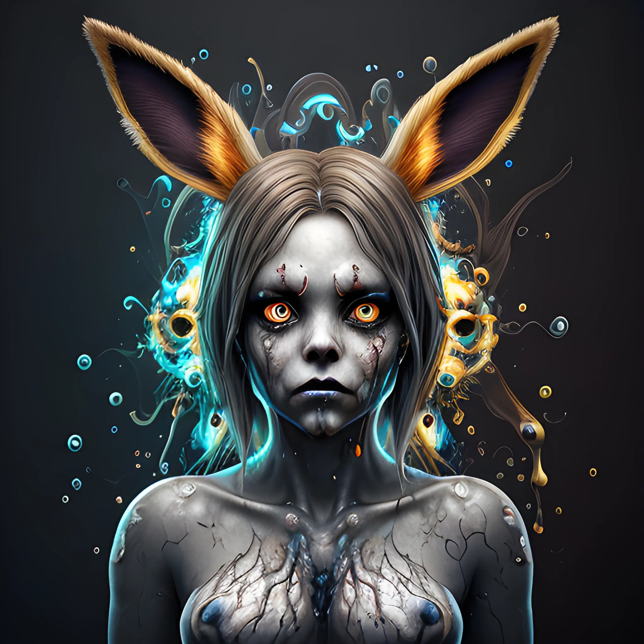 Zombie Eevee, Hyperdetailed Eyes, Tee-Shirt Design, Line Art, Black Background, Ultra Detailed Artistic, Detailed Gorgeous Face, Natural Skin, Neon colors, Water Splash, Colour Splash Art, Fire and Ice, Splatter, Black Ink, Liquid Melting, Dreamy, Glowing, Glamour, Glimmer, Shadows, Oil On Canvas, Brush Strokes, Smooth, Ultra High Definition, 8k, Unreal Engine 5, Ultra Sharp Focus, Intricate Artwork Masterpiece, Ominous, Golden Ratio, Highly Detailed, Vibrant, Production Cinematic Character Render, Ultra High Quality Model